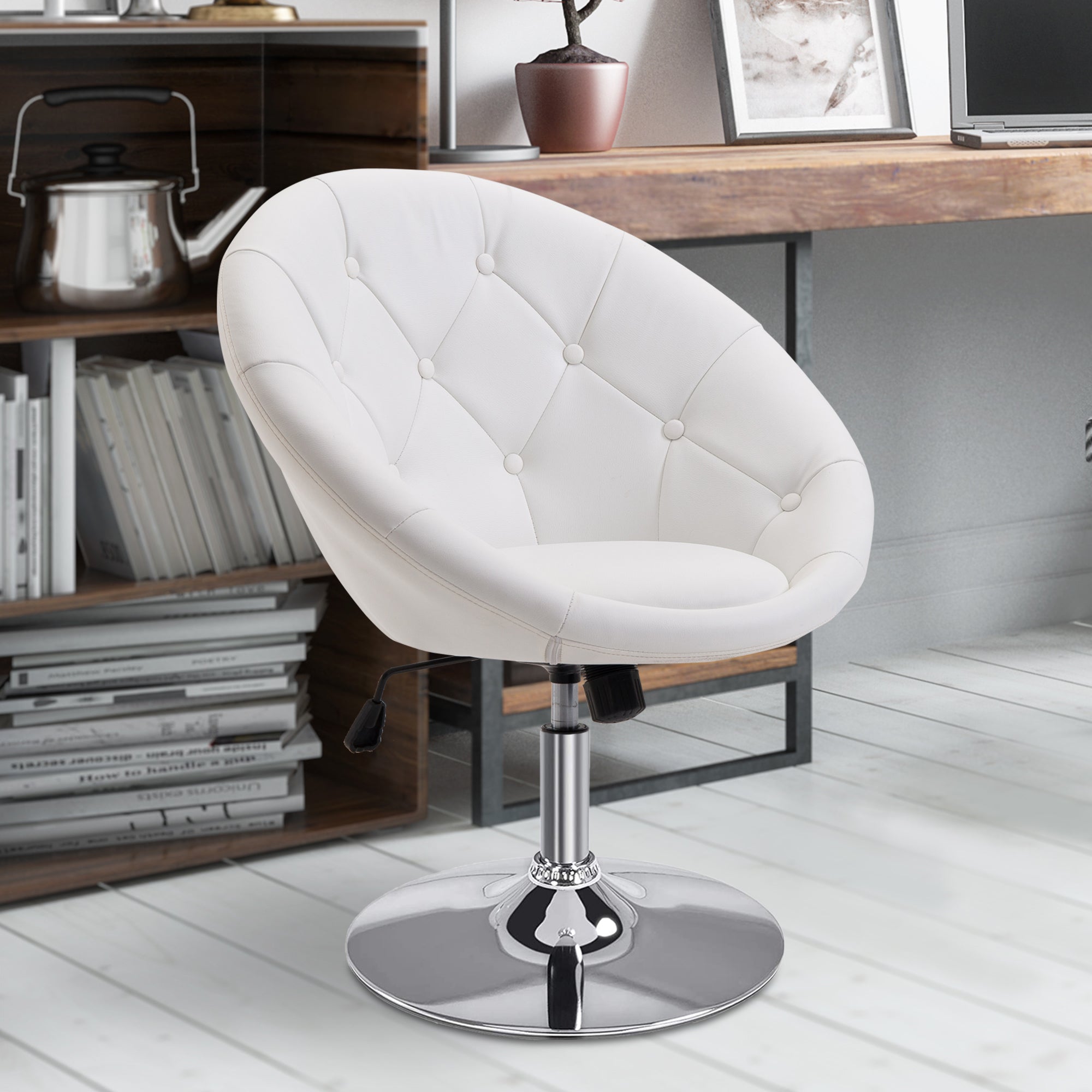 Work Stool Swivel Height-Adjustable Chrome-Plated Black/White PU Steel