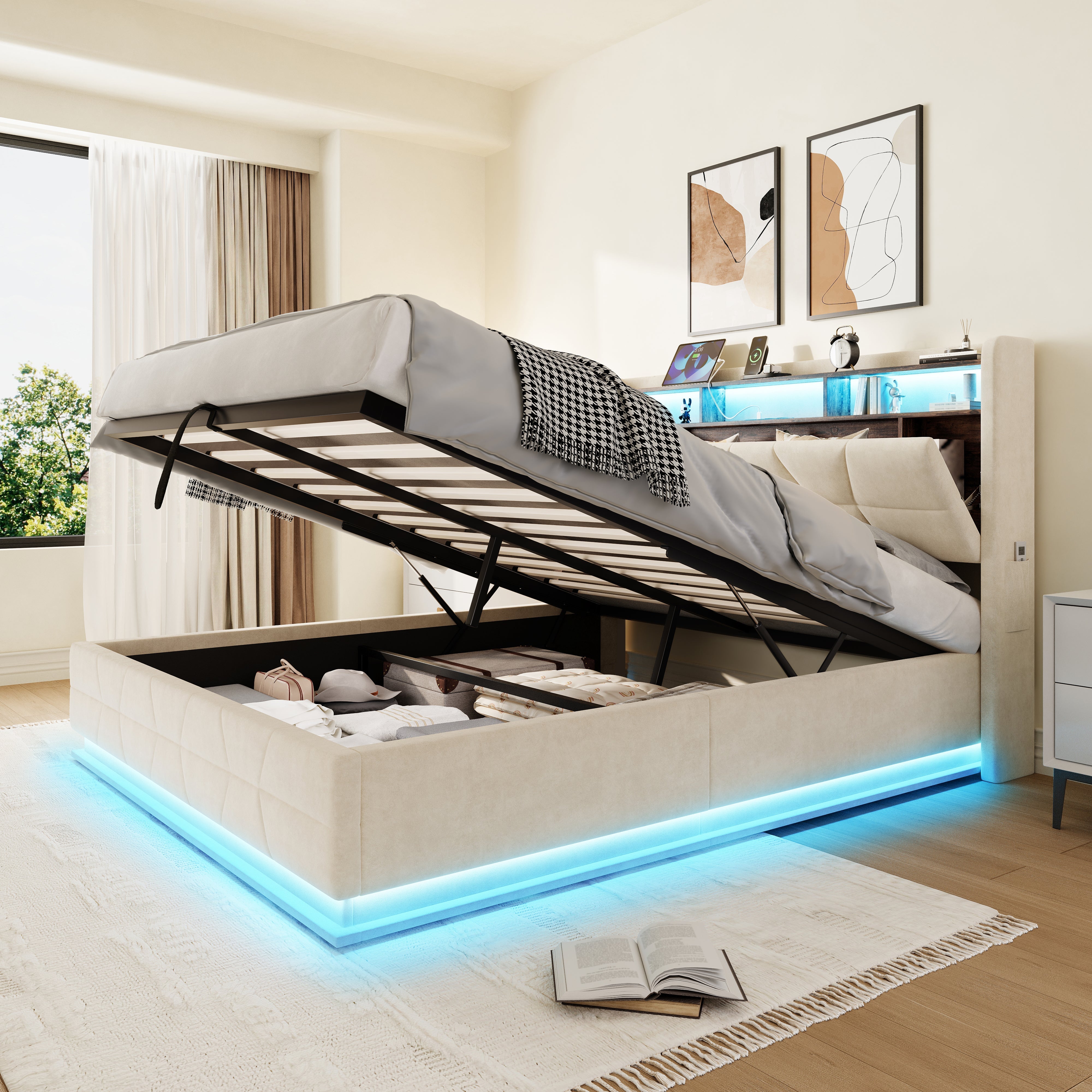 Multifunctional Bed with LED Lighting and USB Charging Station, 140x190cm, Beige