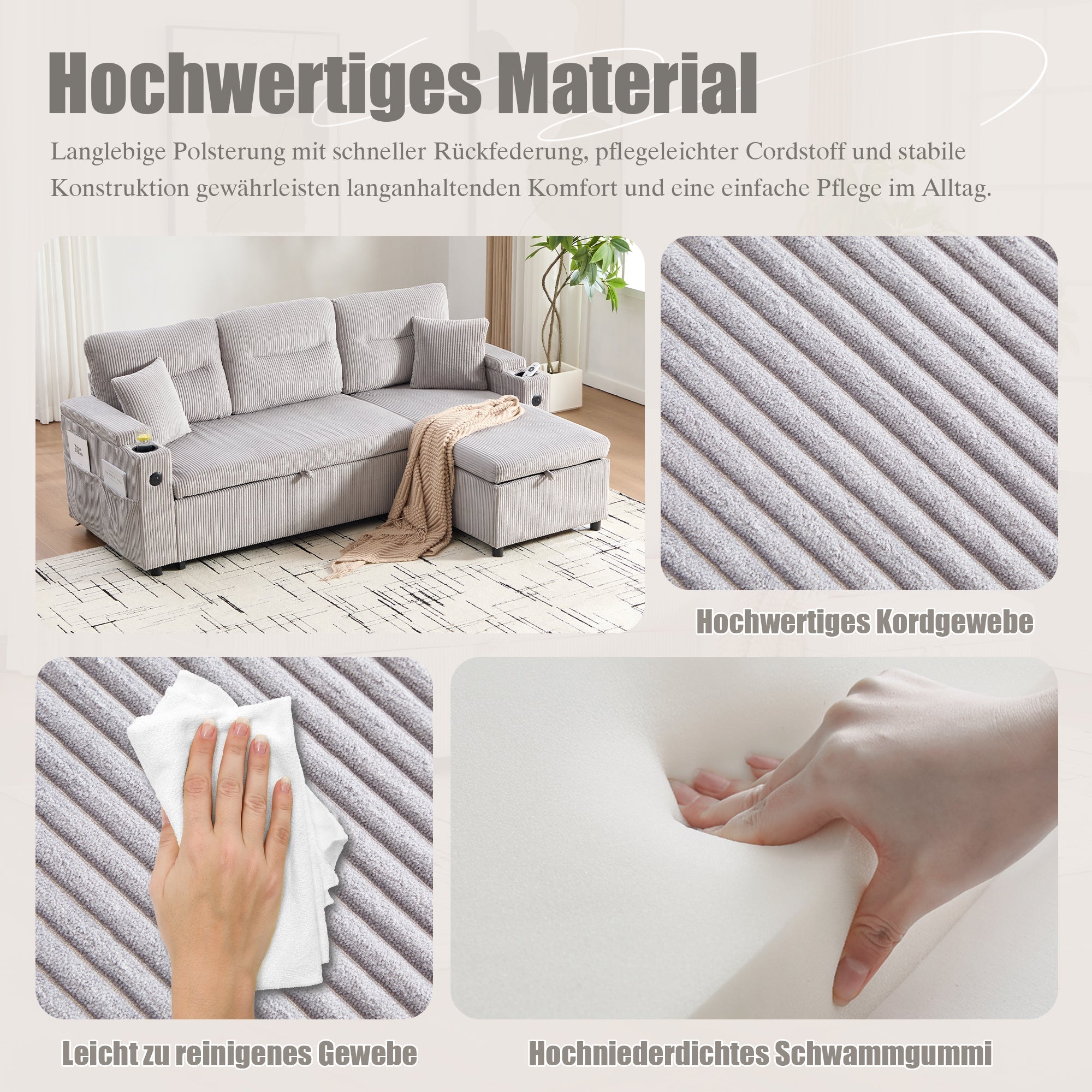 Modern 3-Seater Sofa with Storage, Cup Holders, USB-C and Pull-Out Bed, Corduroy