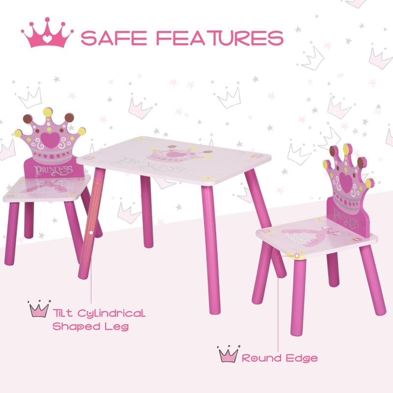 3 Pcs Kids Table and Chair Set Princess & Crown Theme for 2-4 Years Pink