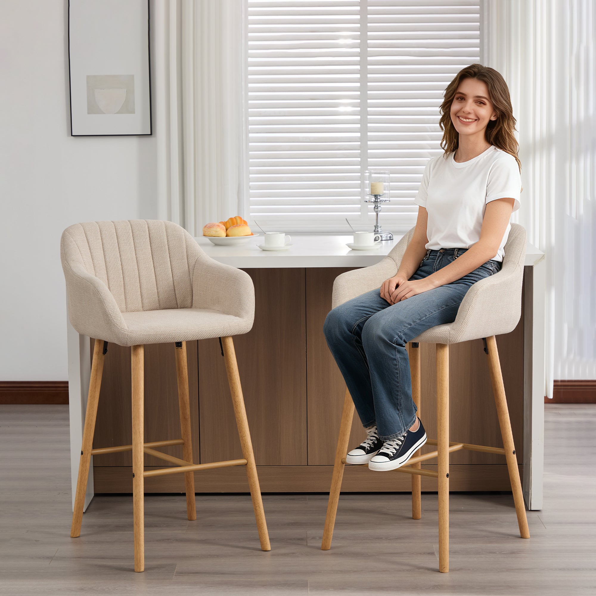 Bar Stools, Set of Two, High Backrest & Armrests, Linen & Wooden Legs