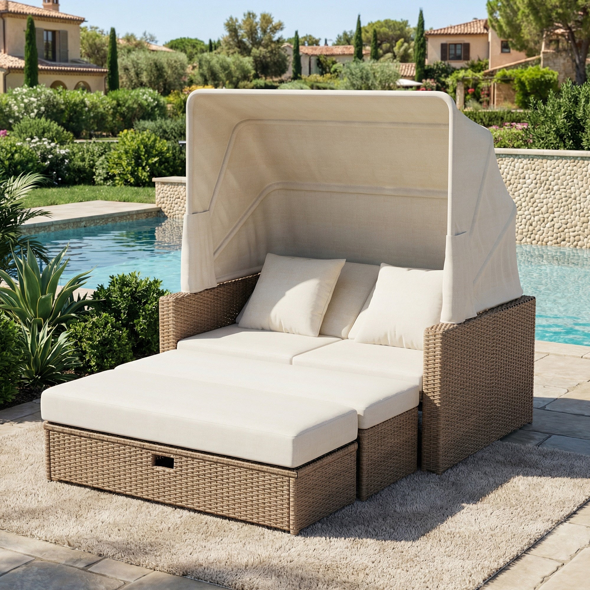 Polyrattan Garden Furniture Set with Adjustable Coffee Table and Removable Awning, Khaki PE Rattan