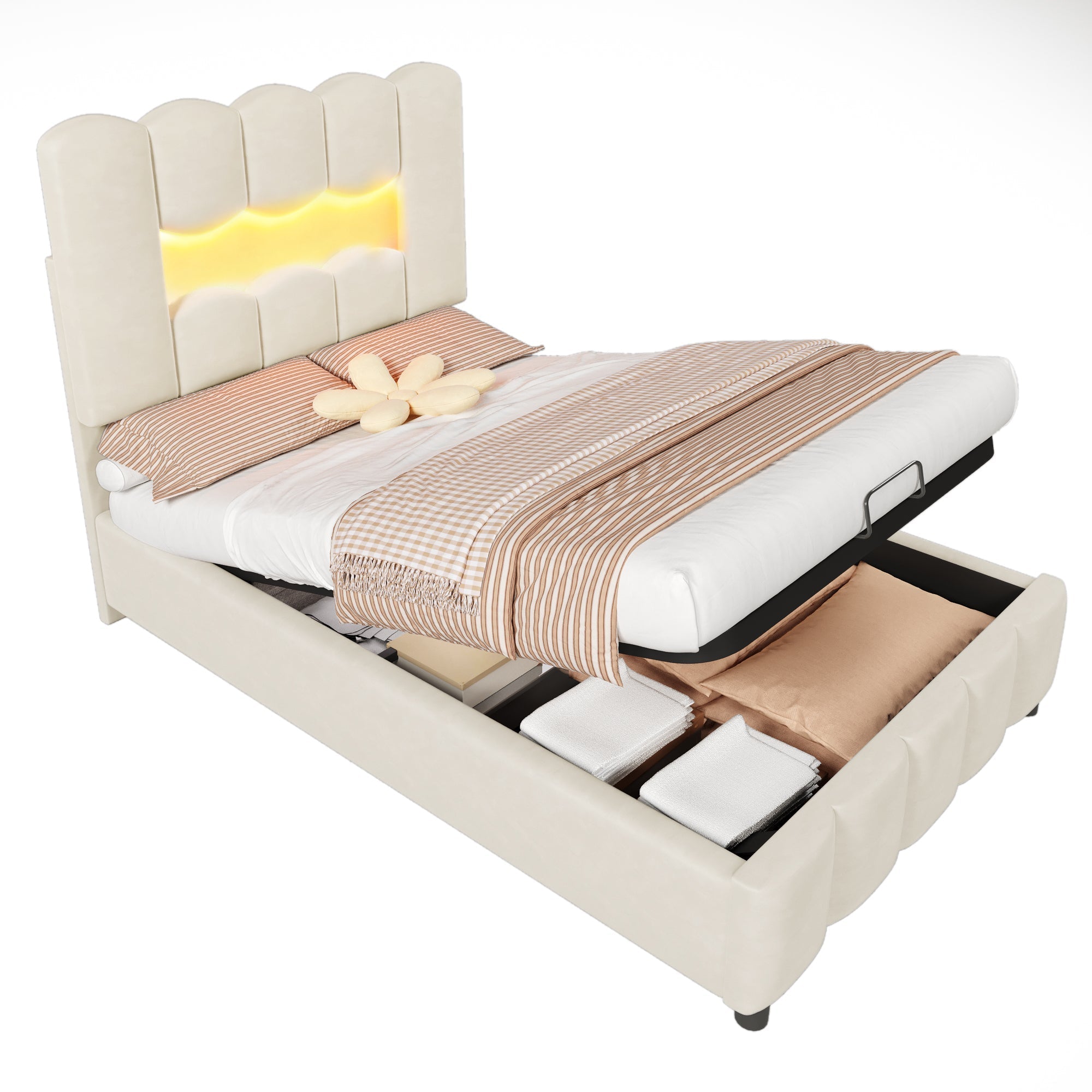 Upholstered Bed 90x200cm Hydraulic LED Adjustable Headboard Beige Velvet
