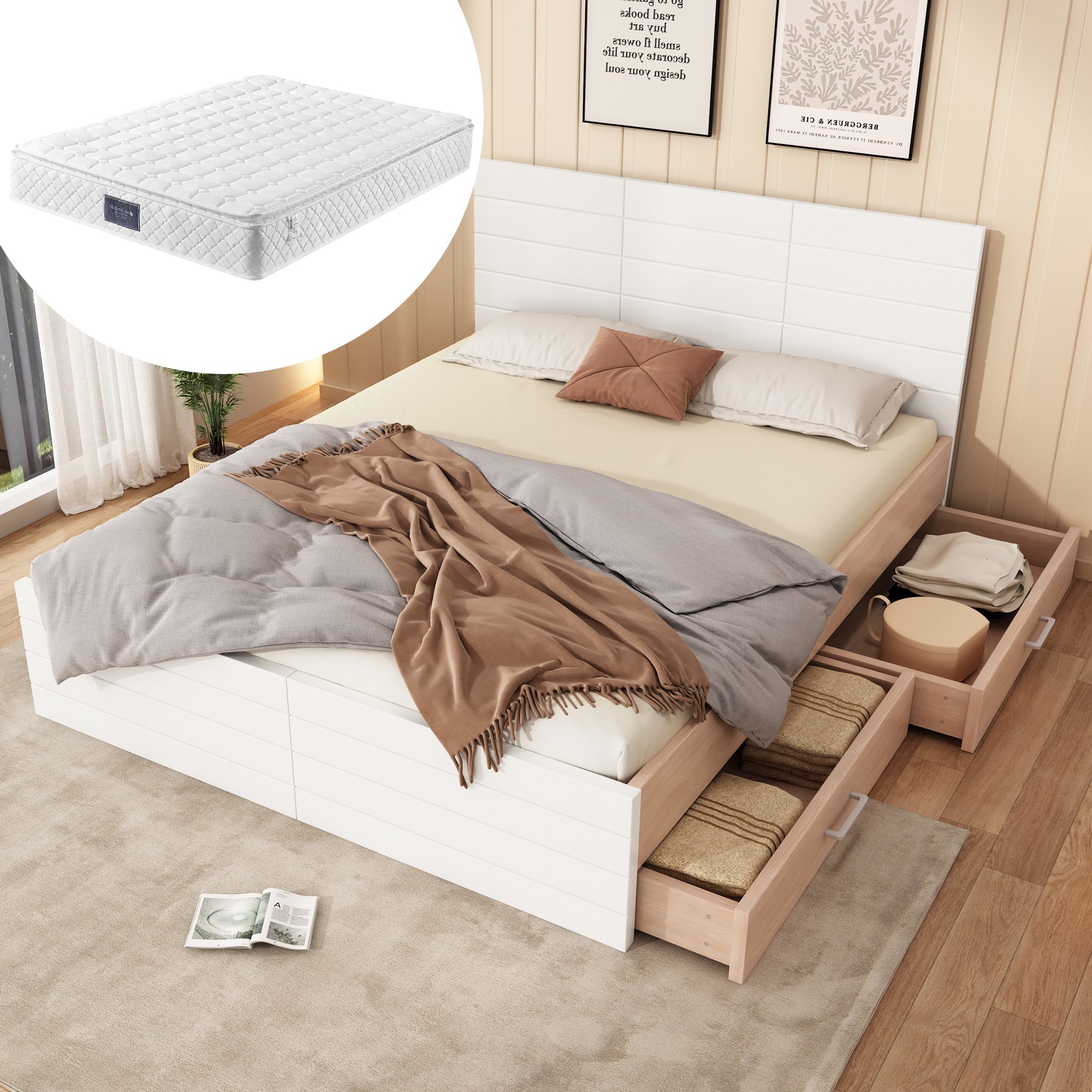 Double Wooden Bed with 2 Drawers, Modern, Oak/White