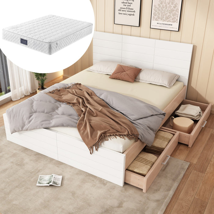 Double Wooden Bed with 2 Drawers, Modern, Oak/White