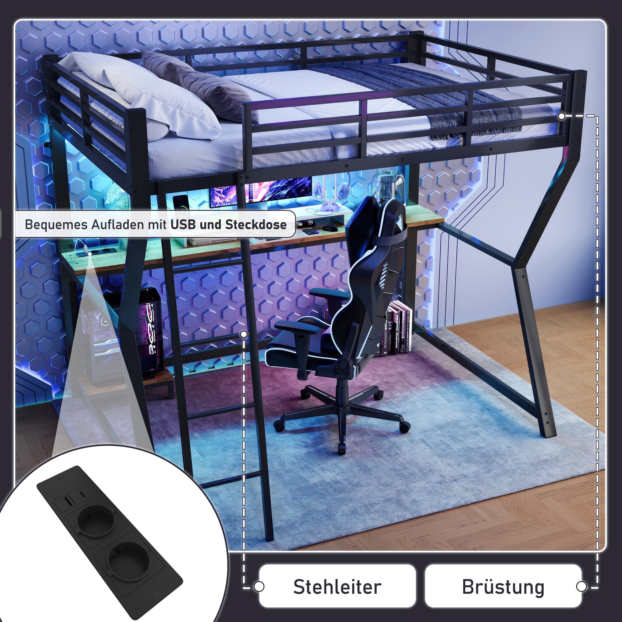 Loft Bed 90x200cm with Desk Storage Stairs LED Lights & USB Port Black