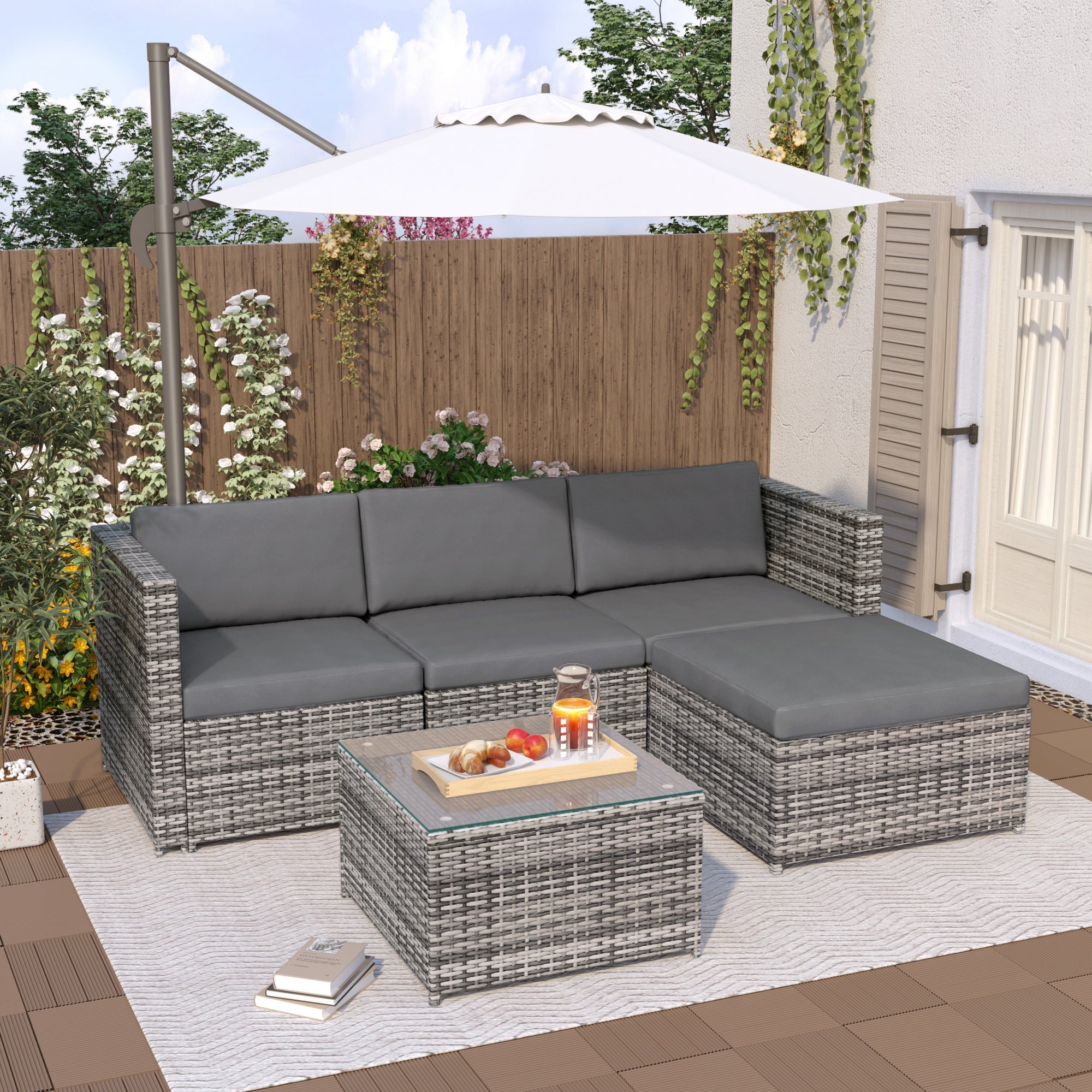 Lounge Sofa Set with Corner Sofa, Cushions and Glass Top Table, Grey Polyrattan