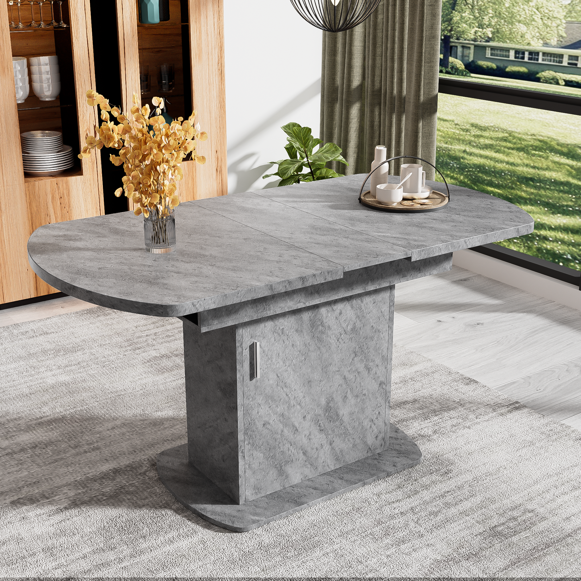 Extendable Oval Dining Table with Storage and Minimalist Design, Concrete Look and Silver Handle