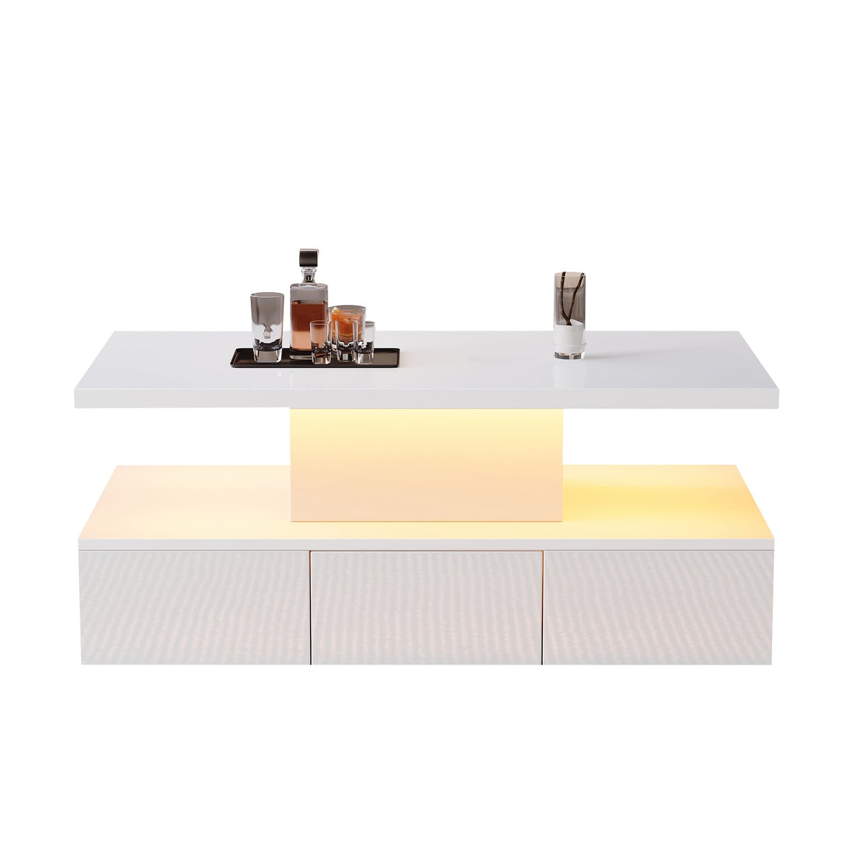Coffee Table Two-Tier LED Light Storage Drawer High-Gloss White