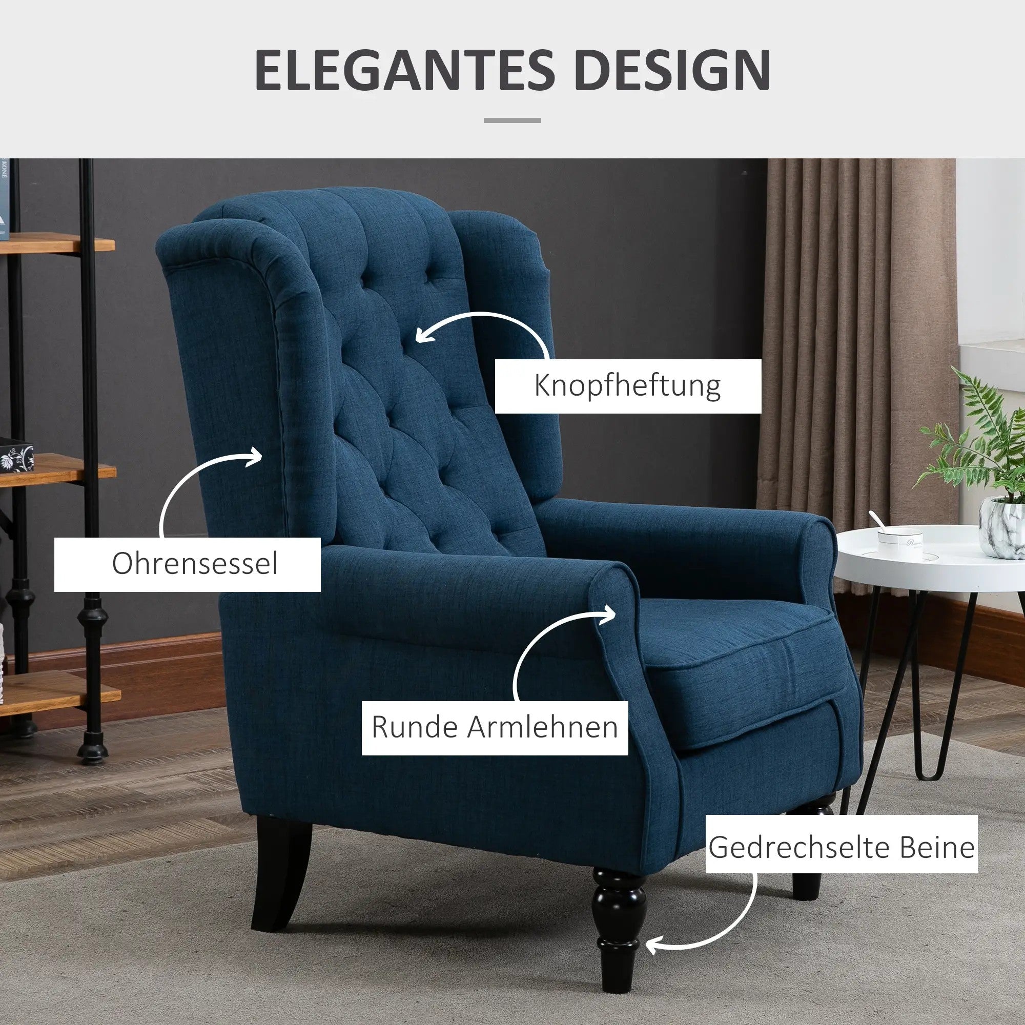 Tufted Wingback Chair High Backrest Rounded Armrests Wooden Legs Blue