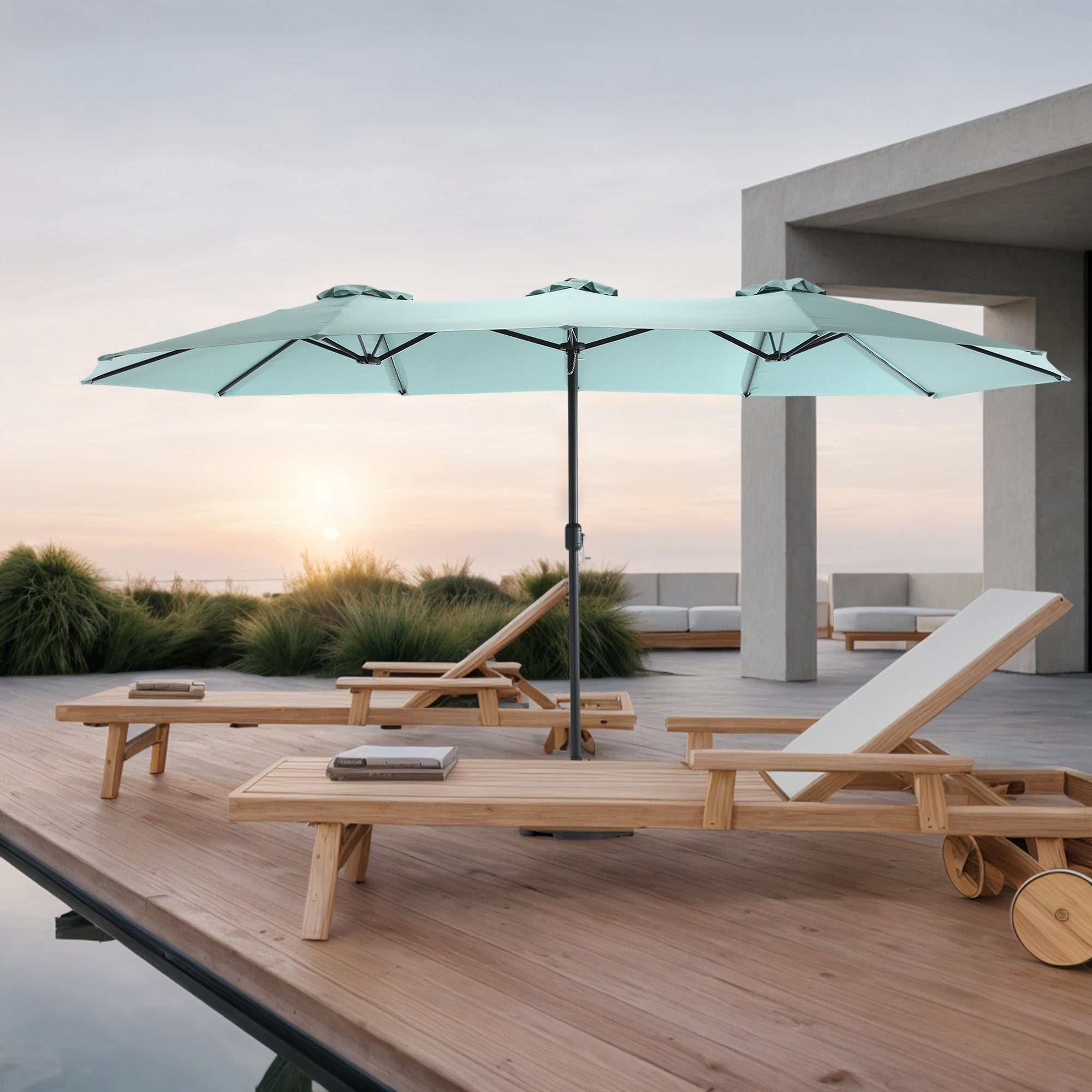Outdoor Umbrella Double Sided Rectangular Large 14.8 Ft with Crank, Light Green