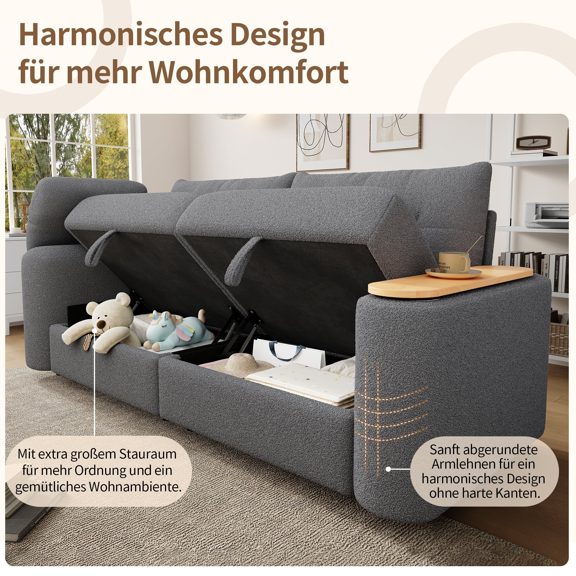 Teddy Plush Sofa, 3-Seater Modular Sofa Bed with Storage and Side Table, Gray