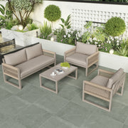 Garden Lounge Set 4-Piece Rope Furniture with Glass Top, Khaki Rope/Iron Frame