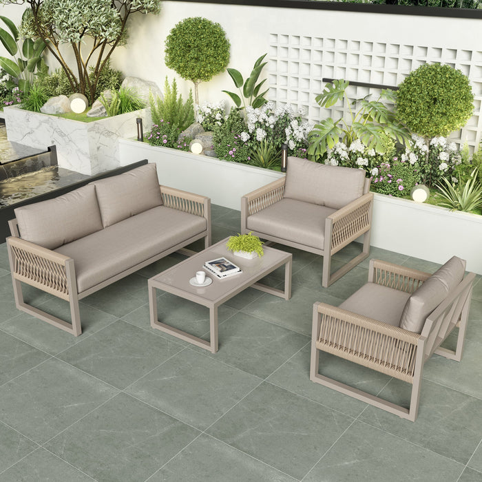 Garden Lounge Set 4-Piece Rope Furniture with Glass Top, Khaki Rope/Iron Frame