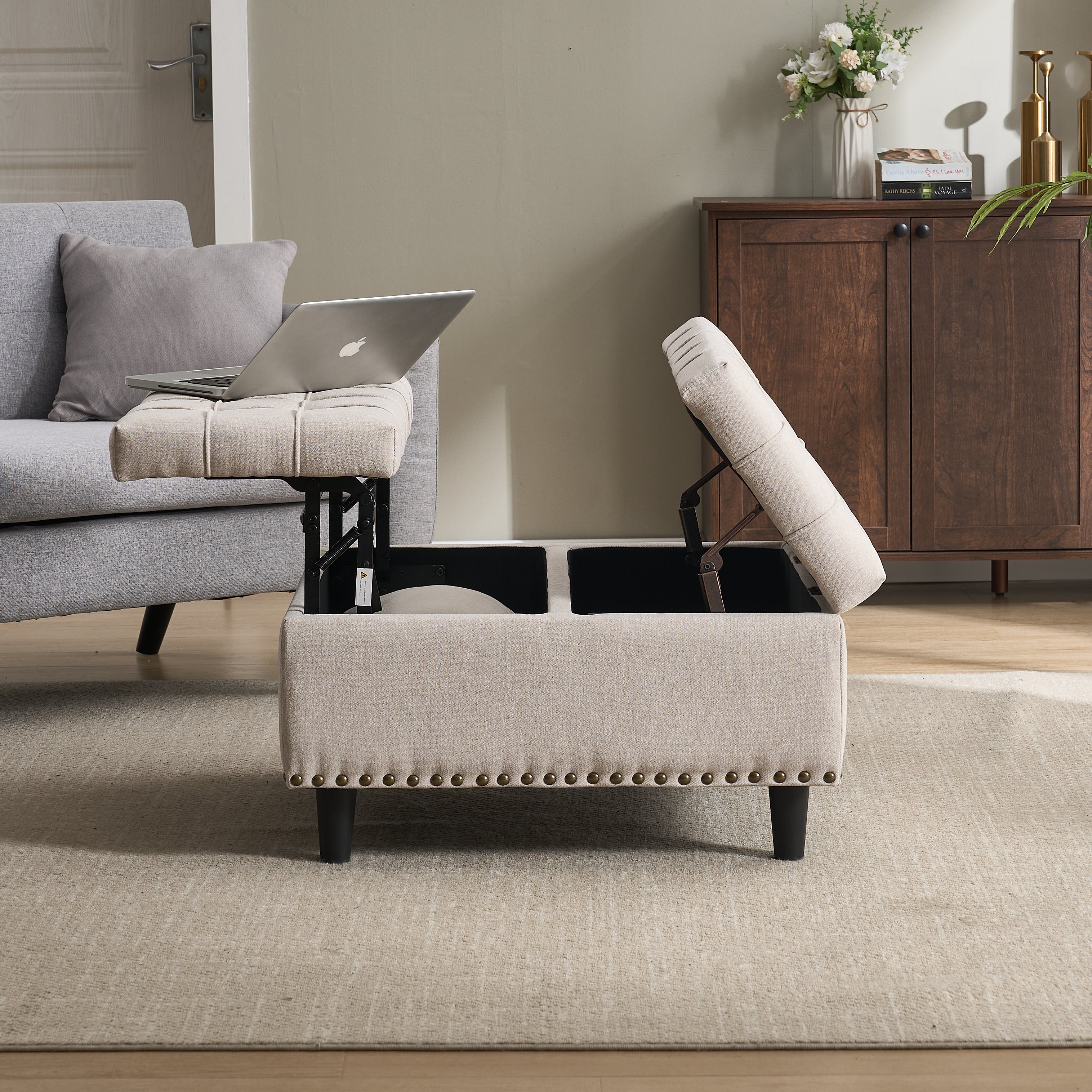 Storage Chair, Large Square Liftable Bench with Space, Beige