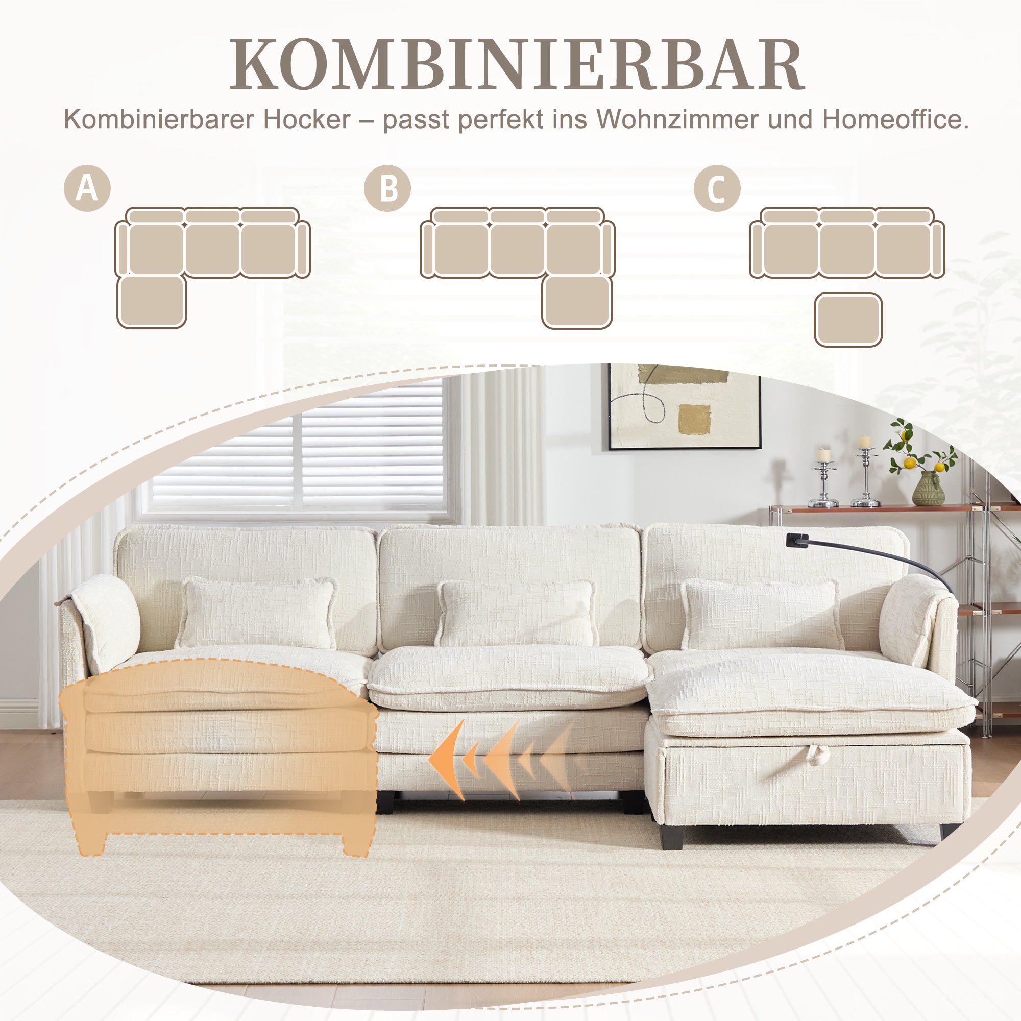 Modern 2-Seater Sofa USB Port Side Pocket Modular Footstool, Chenille Beige