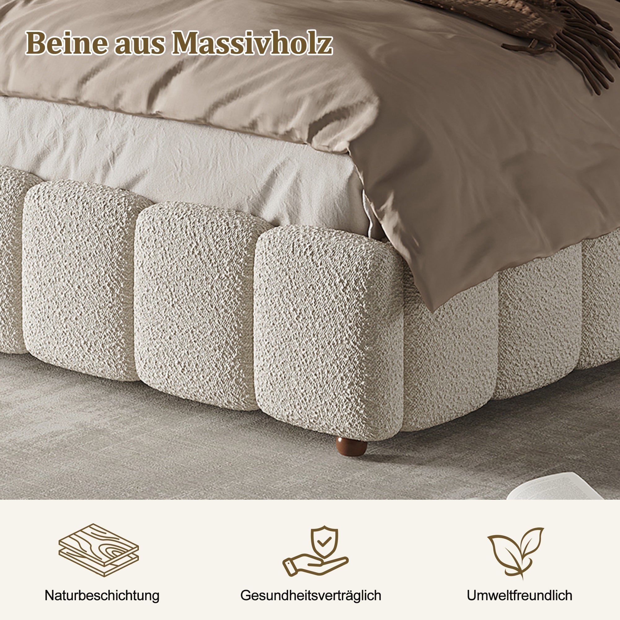 Upholstered Double Bed with Hydraulic Storage and Slatted Frame, 160x200cm, White Bouclé