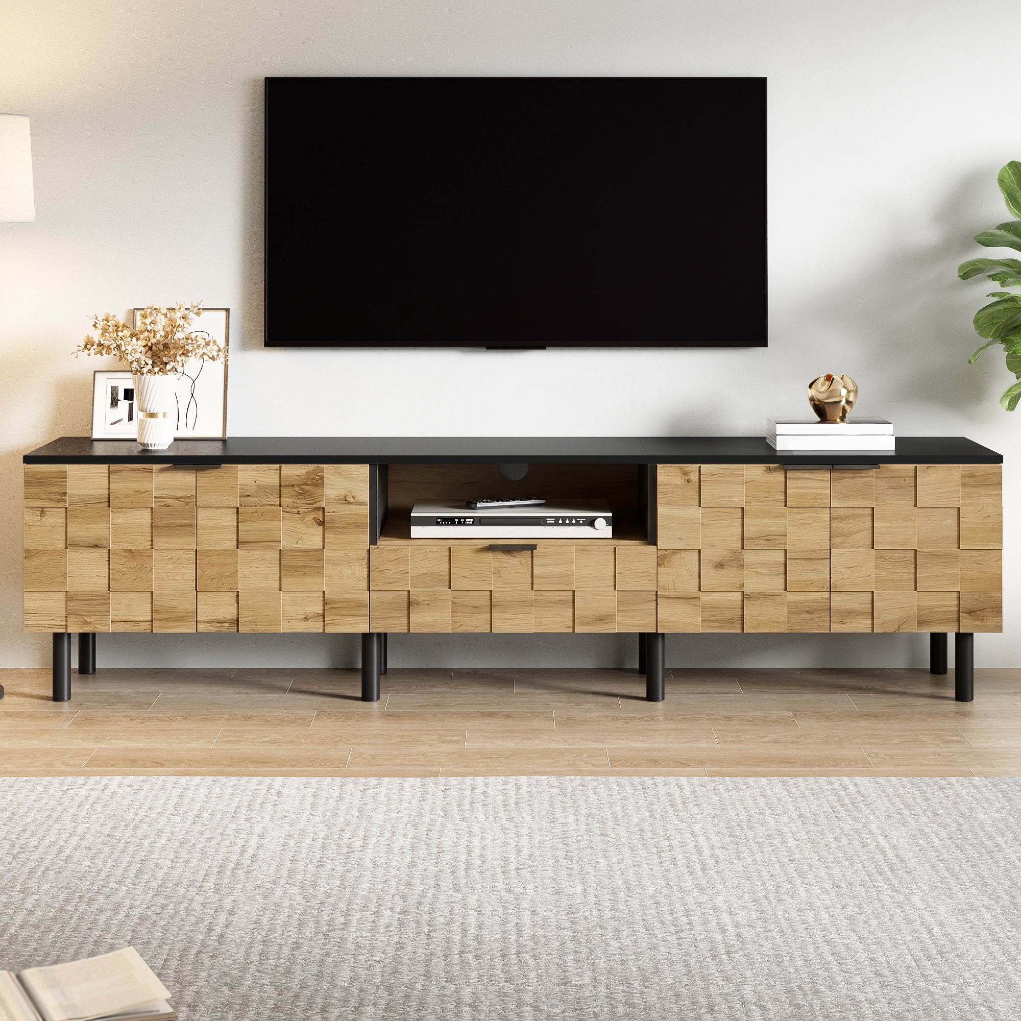 Mosaic TV Cabinet with 2-Door Drawer and Open Compartment, Wood Look Chipboard