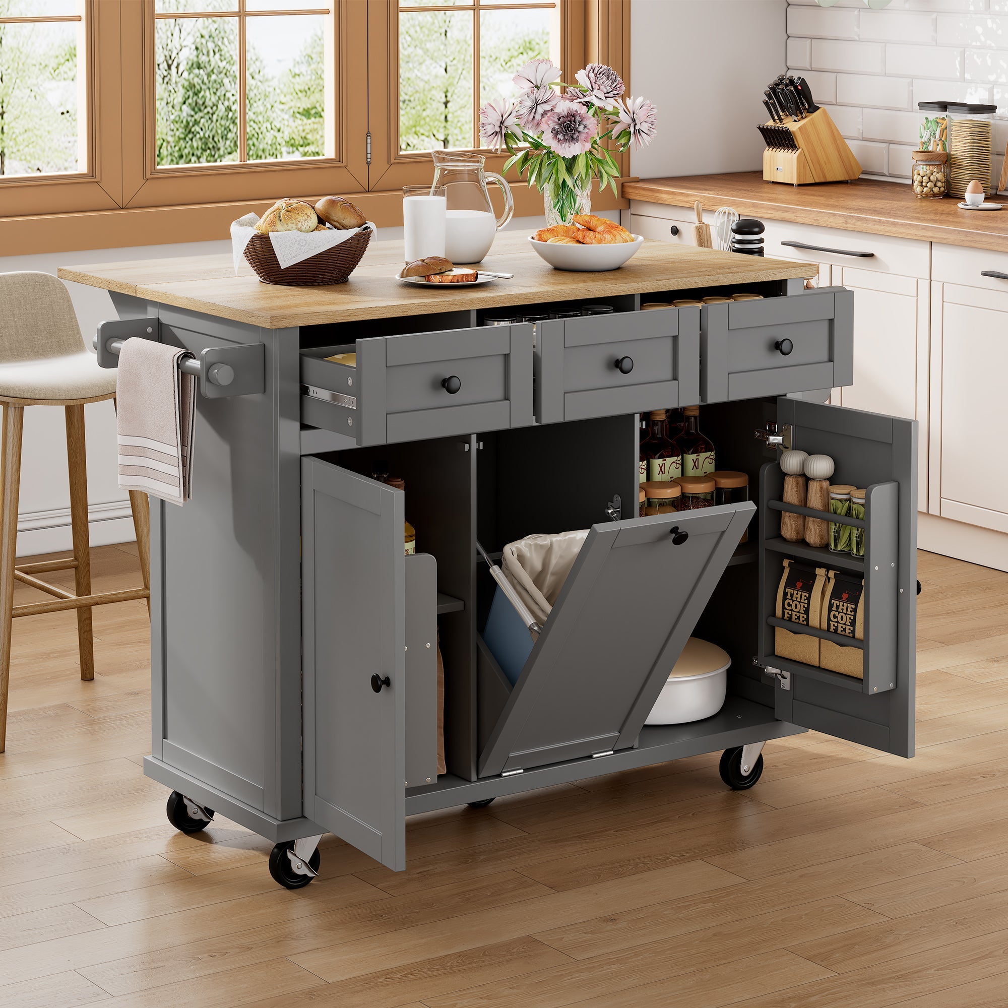 Kitchen Island with Wheels, Extendable Dining Area, Waste Bin & Drawers, Grey