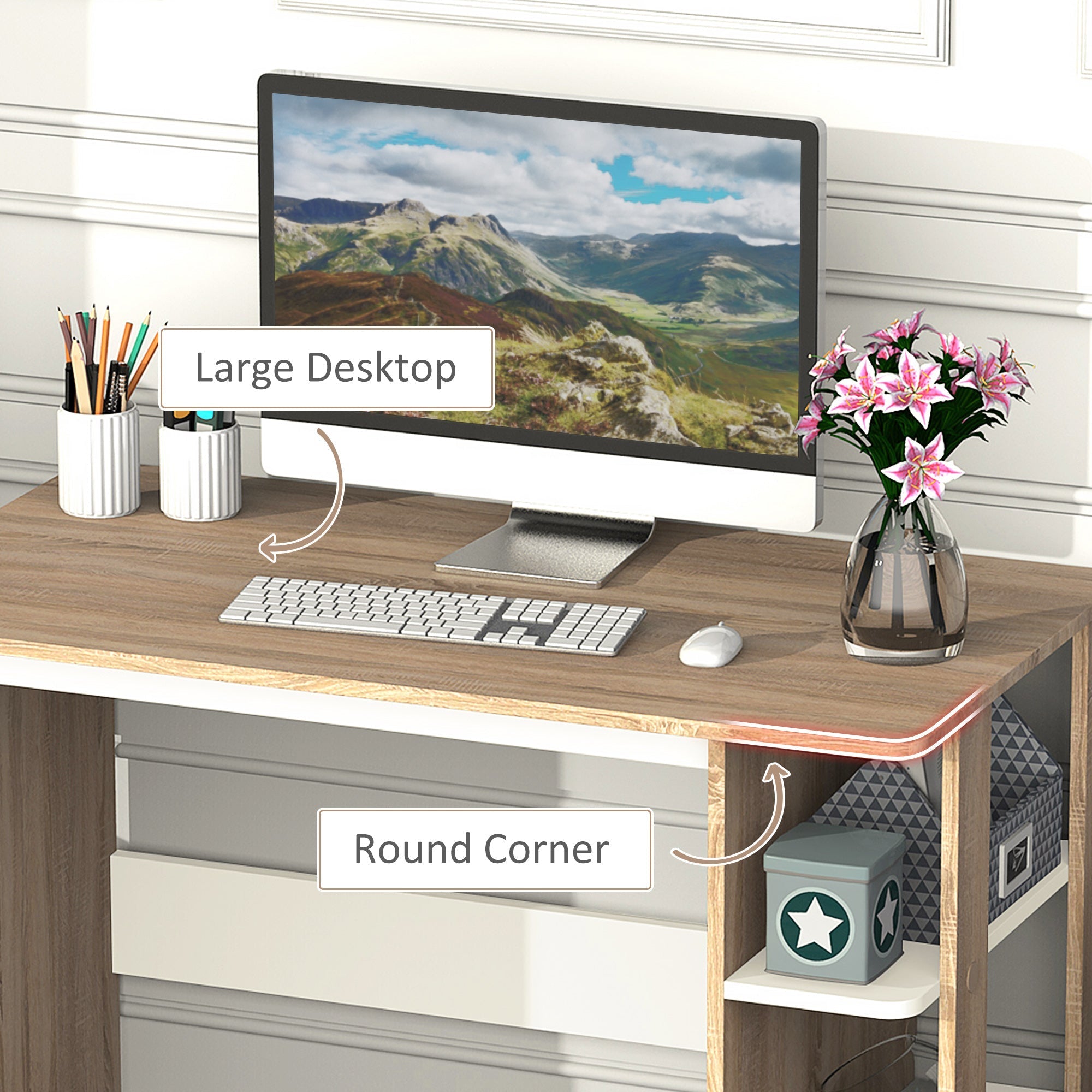 Computer Desk Writing Desk with 3-Tier Storage Shelf, Oak and White