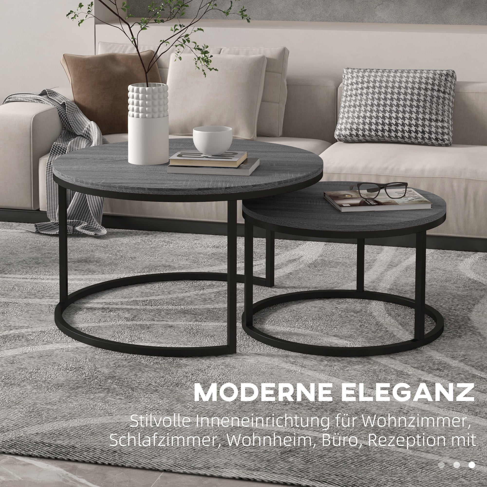 Runder Couchtisch, 2er-Set stapelbare Beistelltische, Holzoptik & Metall, Schwarz