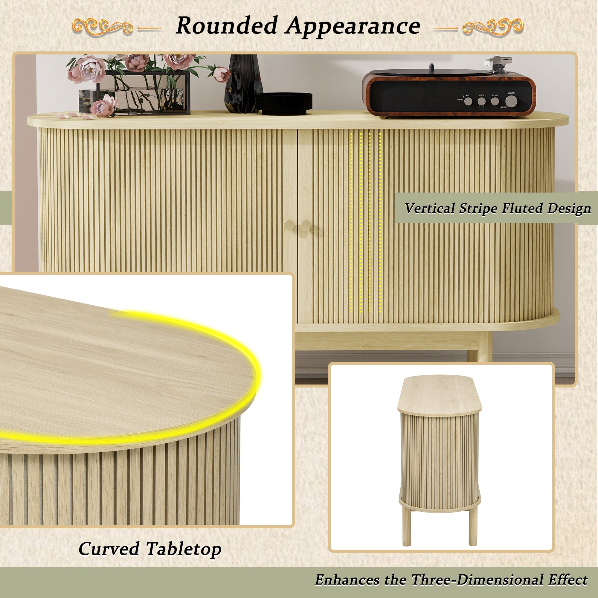 Sideboard, Retro Modern Slatted with Sliding Doors, 138cm Adjustable Shelves, Natural Wood