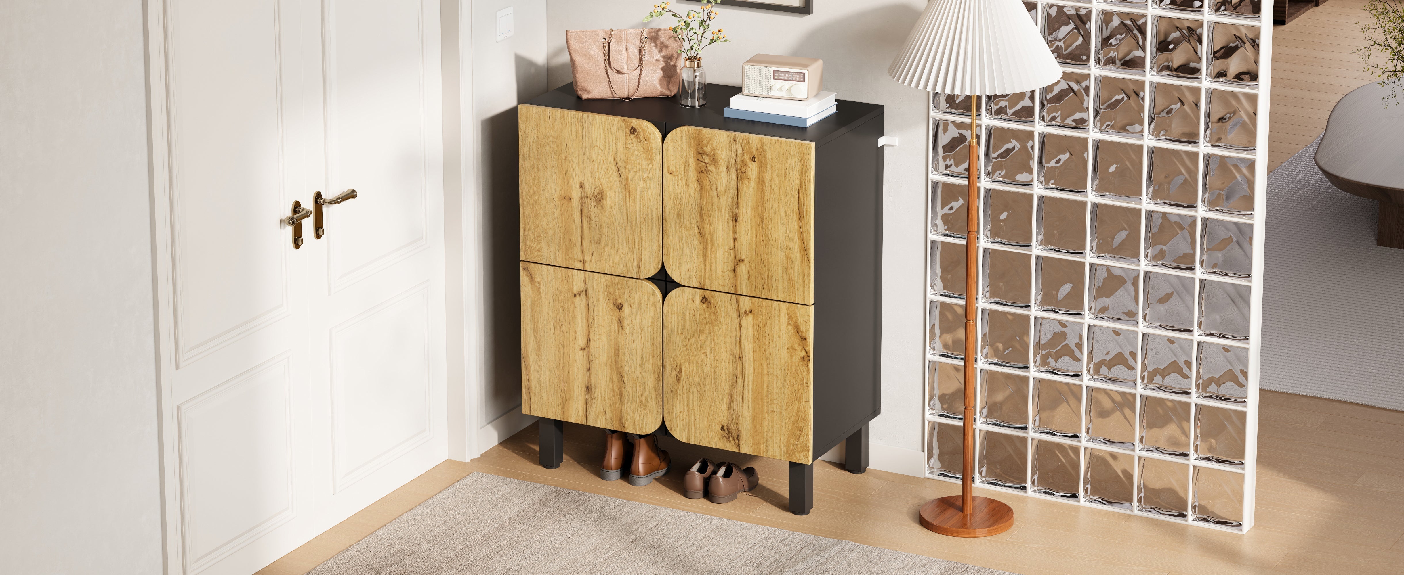 Shoe Cabinet 4 Doors Adjustable Shelves Curved Doors Black
