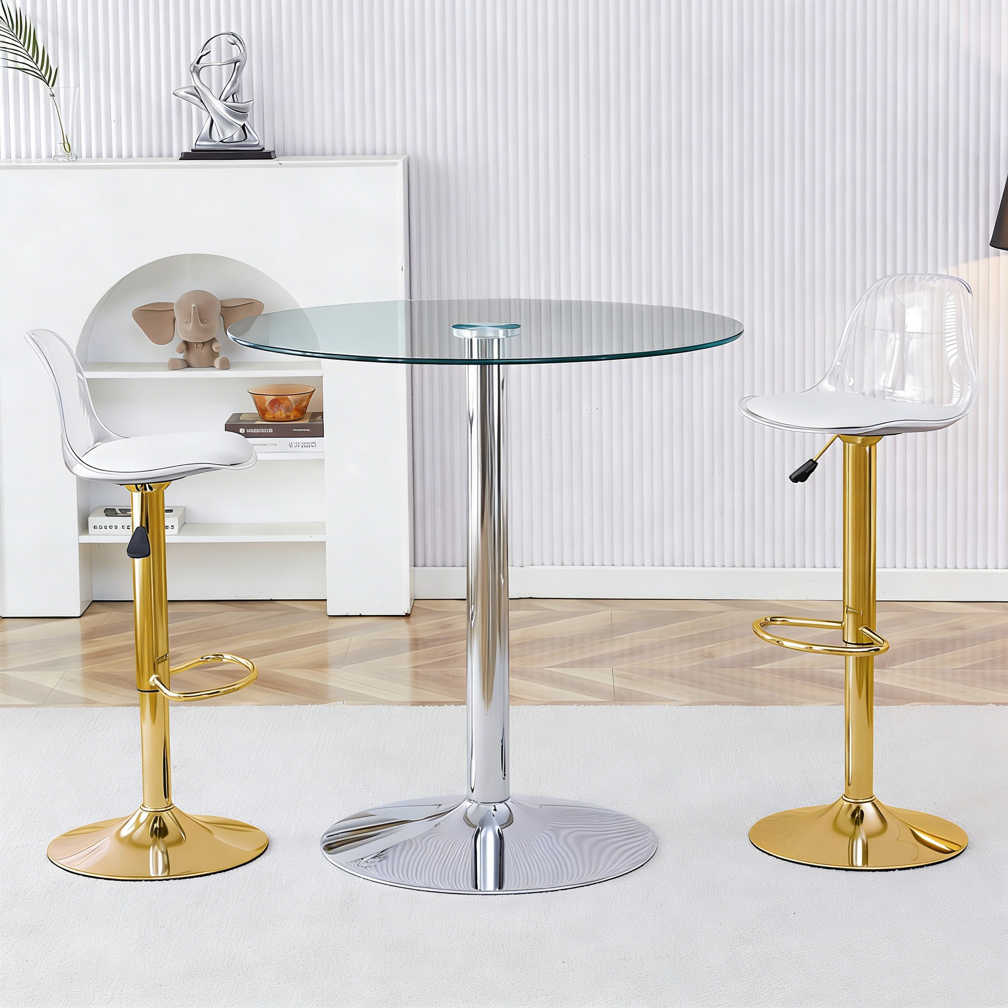 Bar Set Glass Table & 2 Stools Adjustable Swivel - Gold Legs