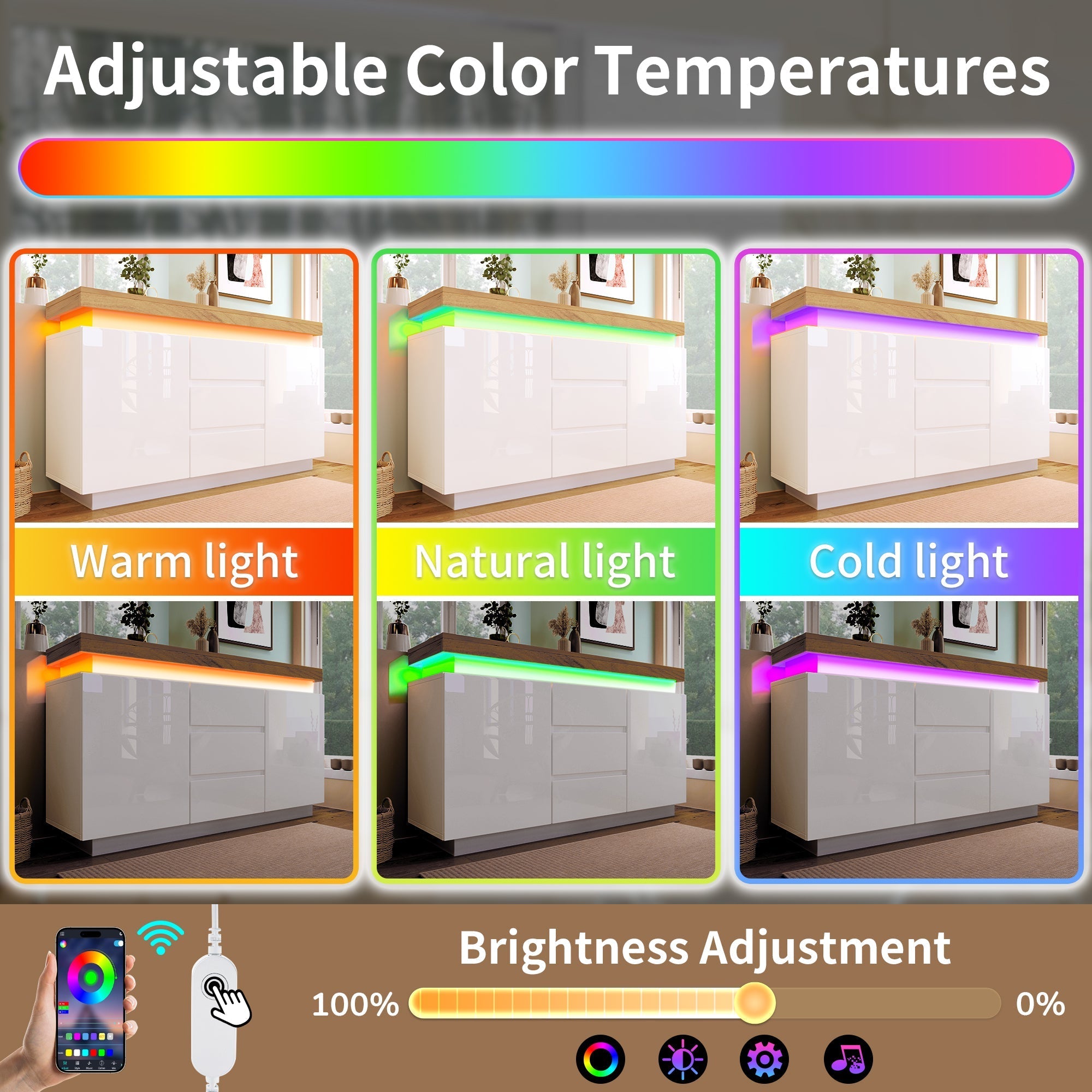 Chest of Drawers, High-gloss Sideboard Cabinet with 2 Doors and 3 Drawers, RGB LED Storage, White