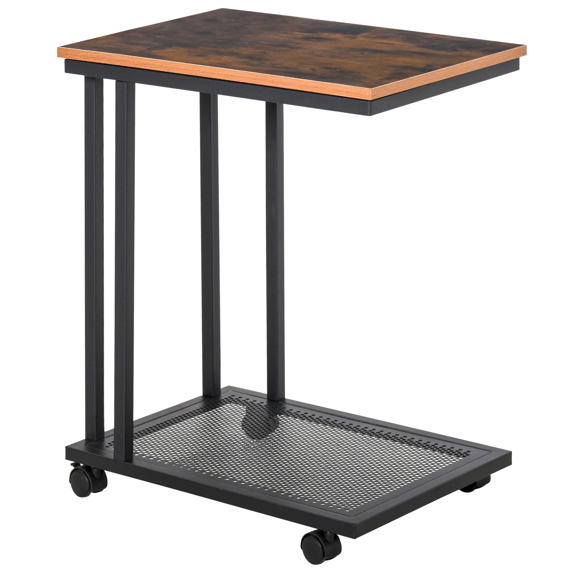 Side Table C-Shaped Rolling Serving Cart Wood Metal Black Walnut