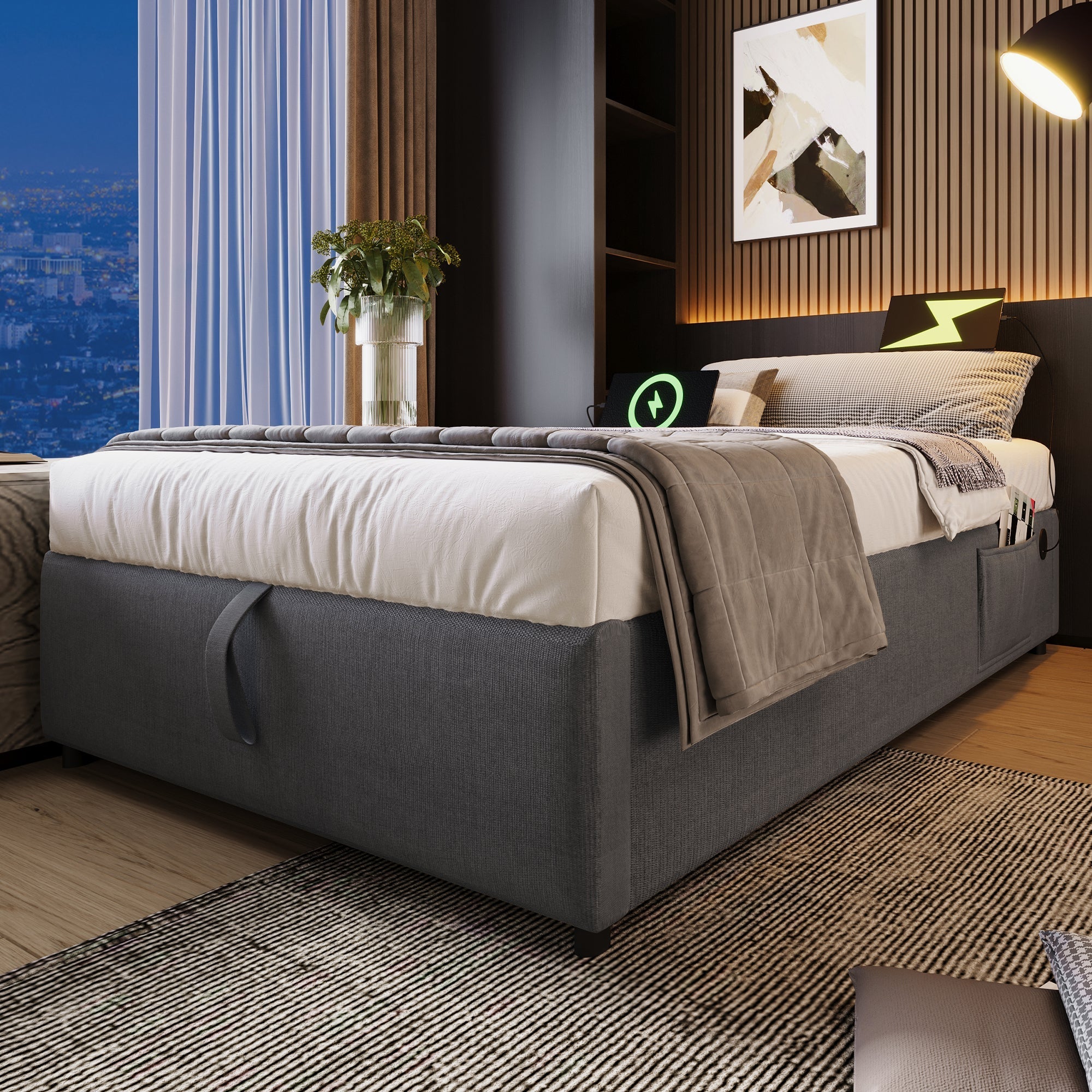 Upholstered Single Bed, 90x200cm USB-C Slatted Frame, Cotton Grey