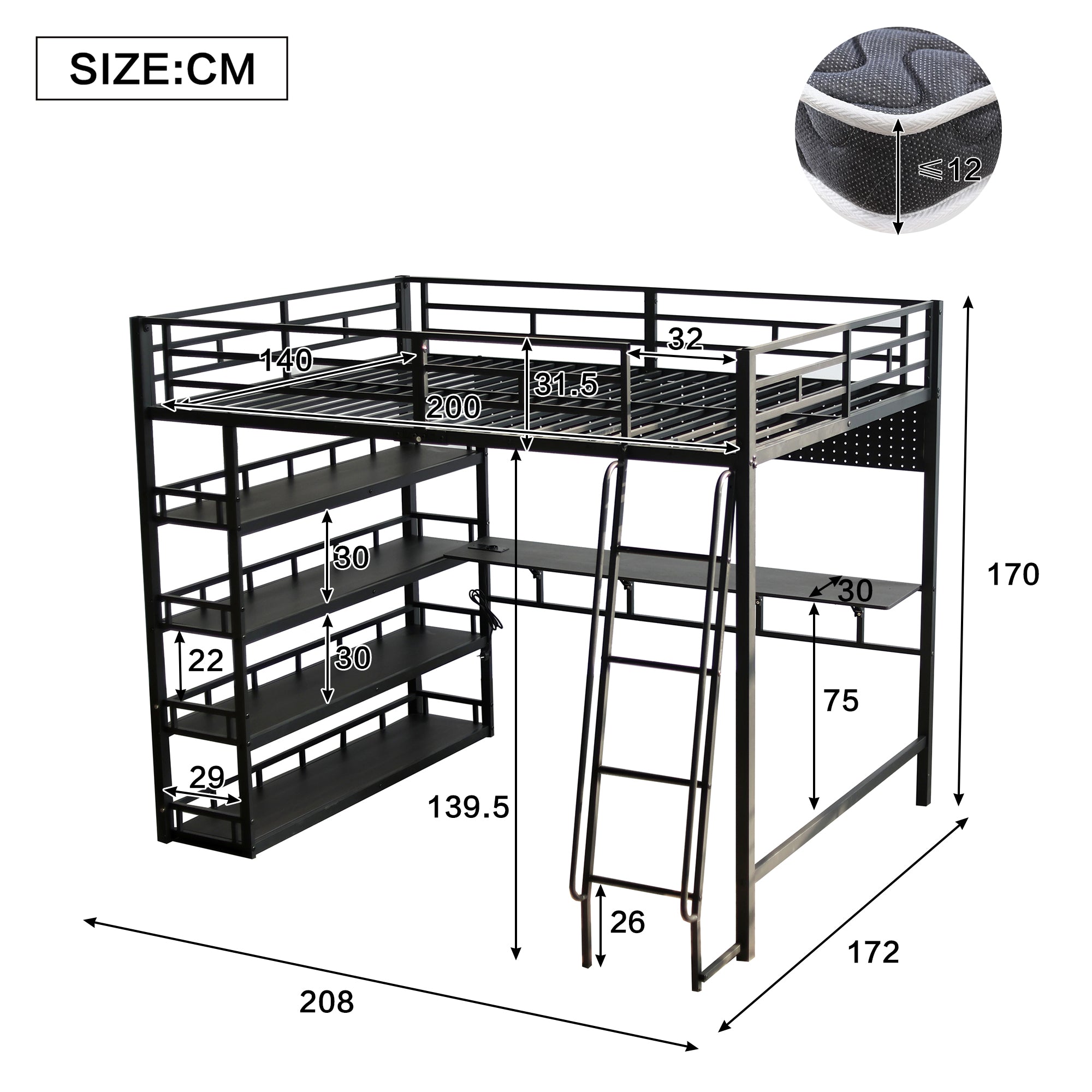 Iron Bed, Loft Bed with Storage, Charging Port, Ladder, Black Iron & Chipboard