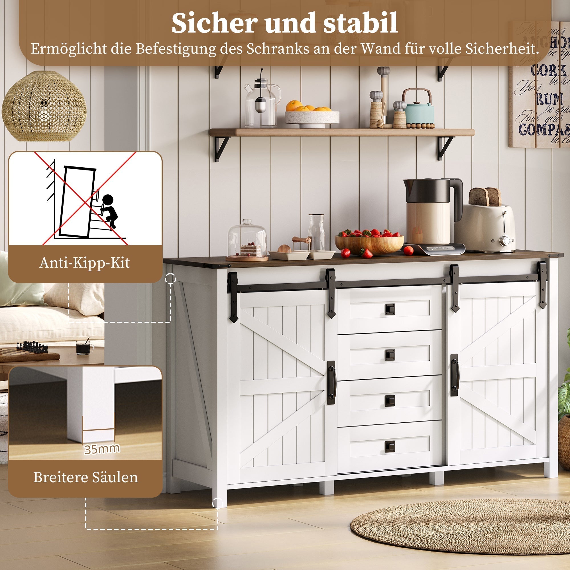 Sideboard 137cm Sliding Doors 4 Drawers Vintage Storage - White
