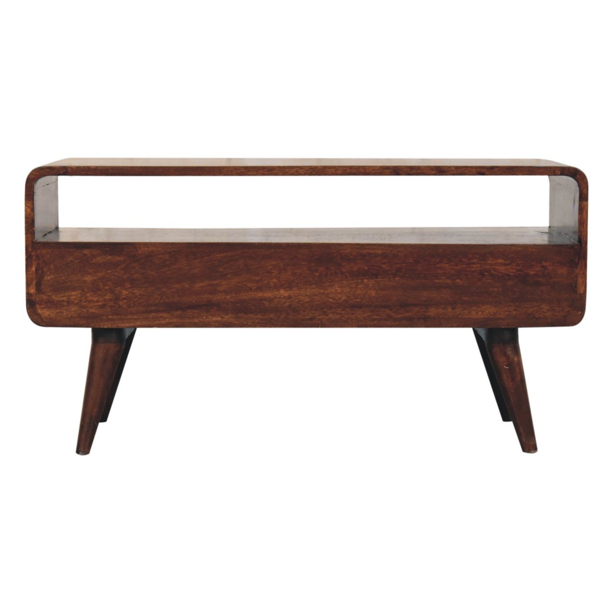 Solid Wood Curved Media Unit with 2 Drawers and 1 Open Slot, Dark Brown