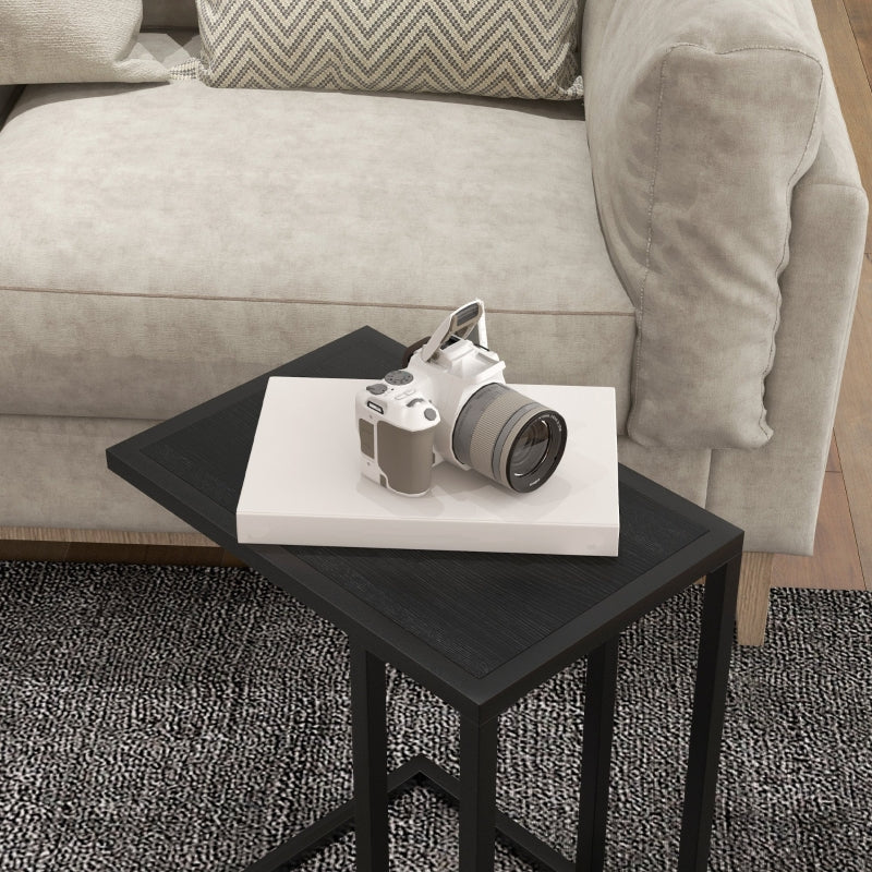 C Shape Bedside Table, Narrow Snack End Table Wood-Effect Top, Black