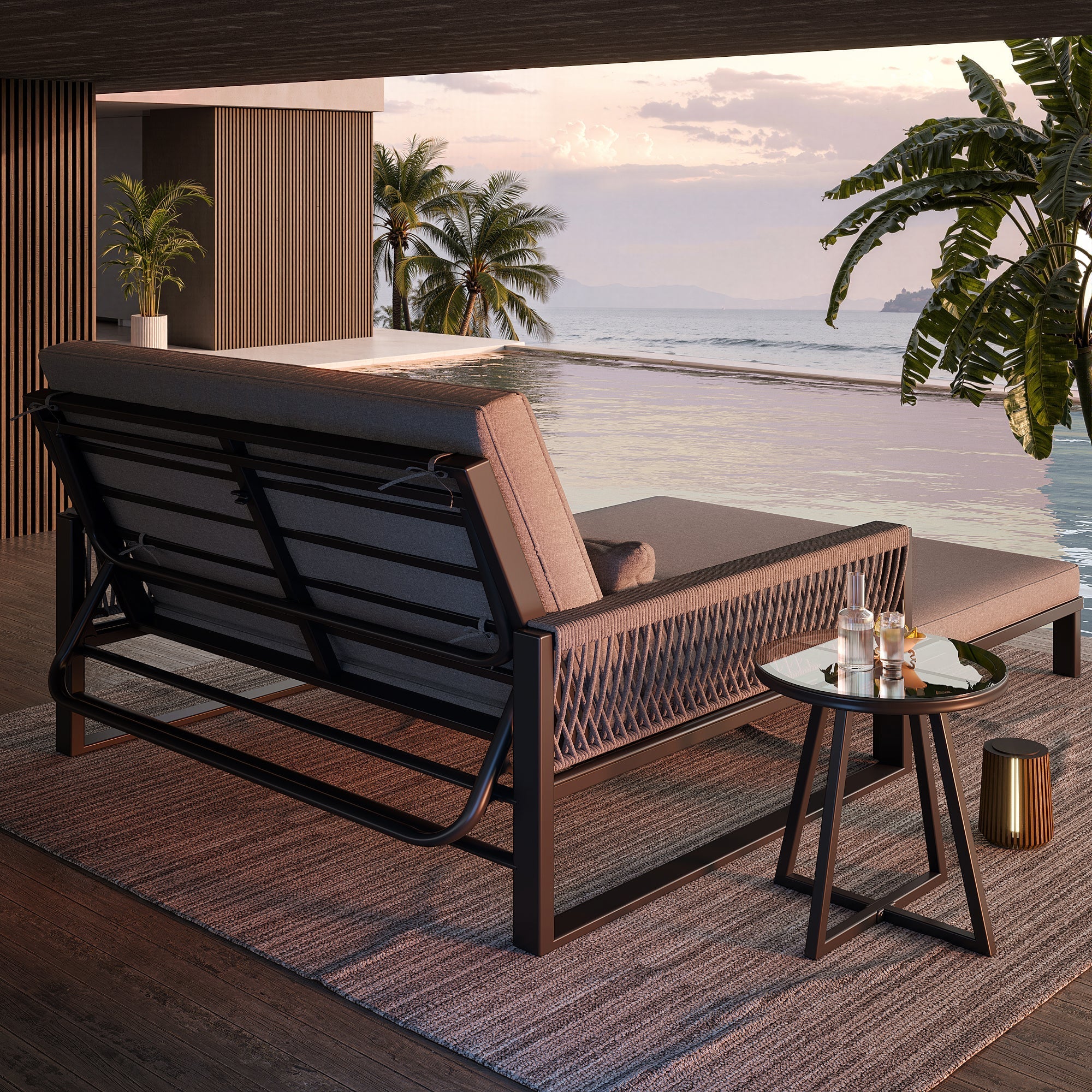 Garden Lounger with Woven Iron Armrests and Glass Coffee Table, Grey