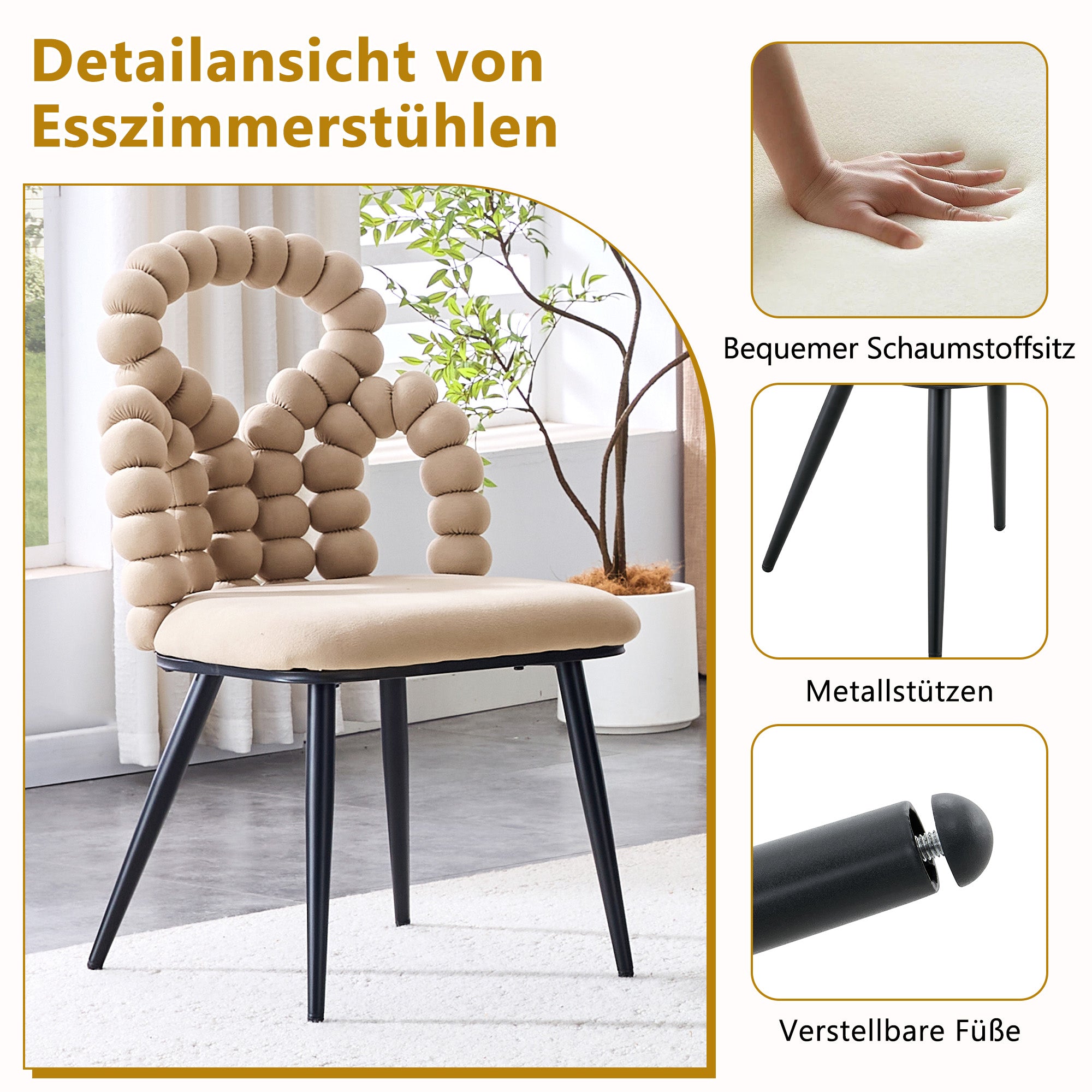 Velvet Dining Chairs Set of 2 Ball Chain Backrests Black Metal Camel