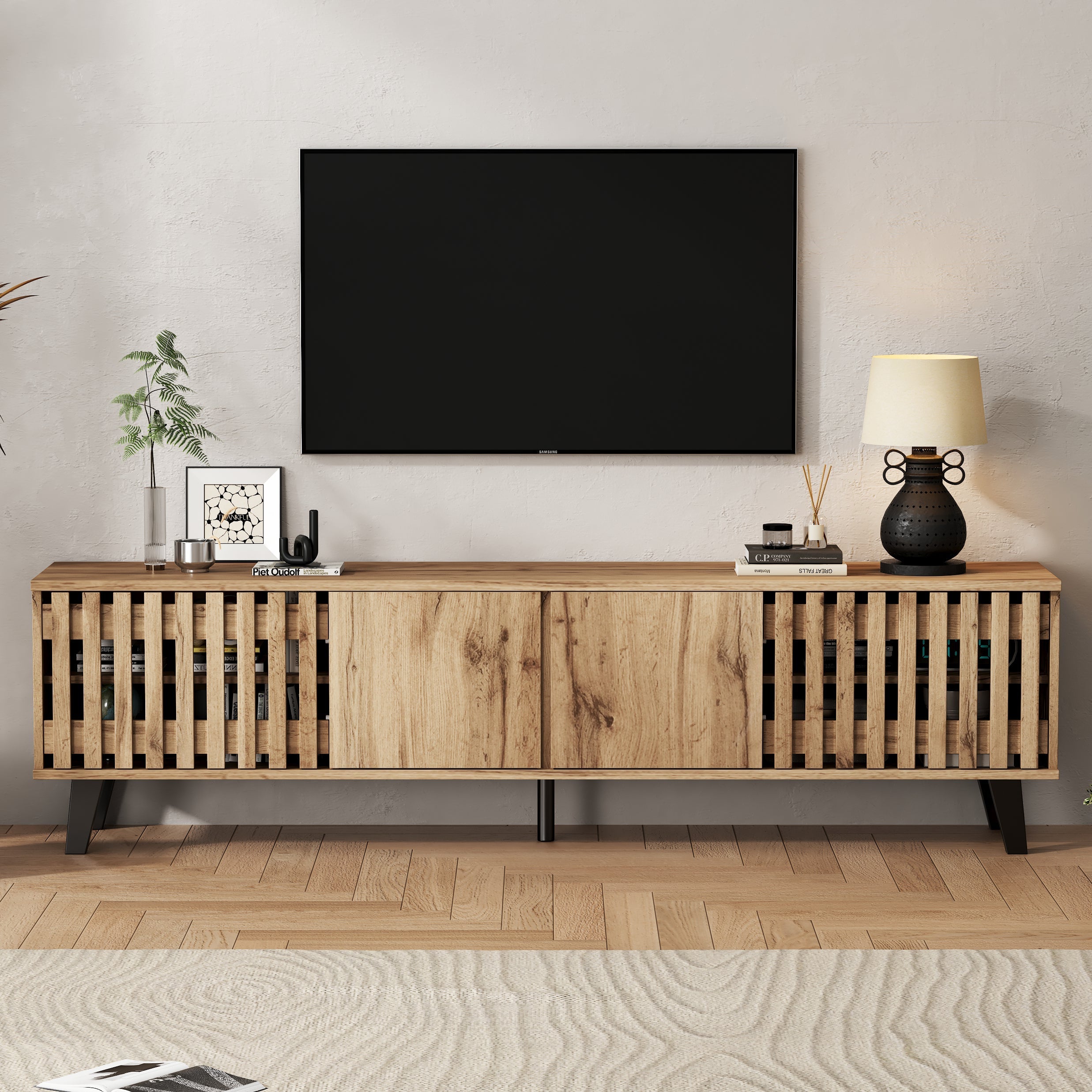 TV Cabinet 180x40x55cm Lowboard 8 Storage for 70-Inch TVs, Original Wood Color