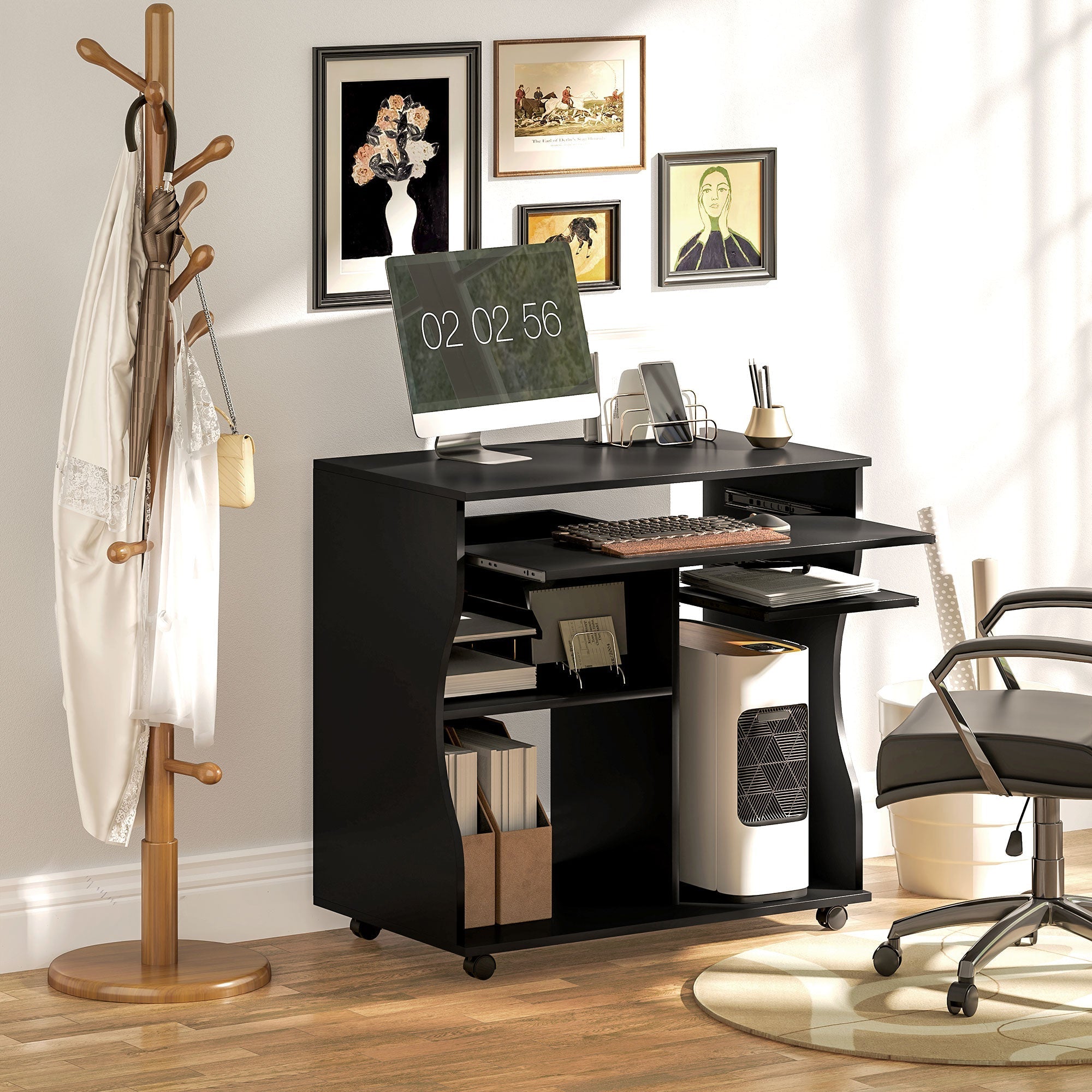 Computer Desk with Wheels, Keyboard Tray, Storage, Black