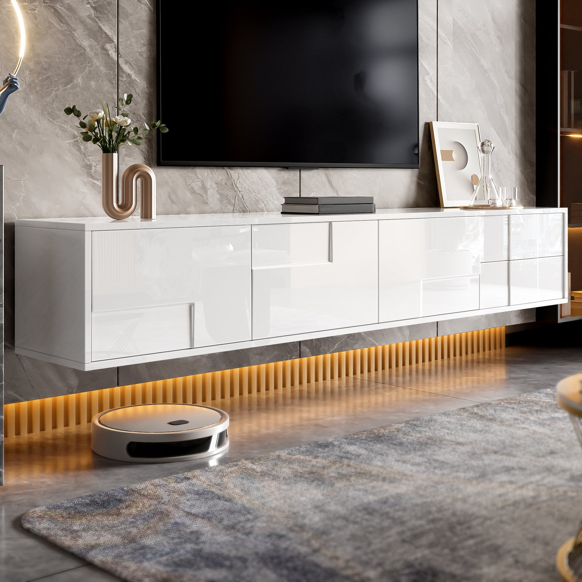 Modern TV Stand 170cm, Floating/Freestanding, 3 Doors 2 Drawers, High-Gloss White