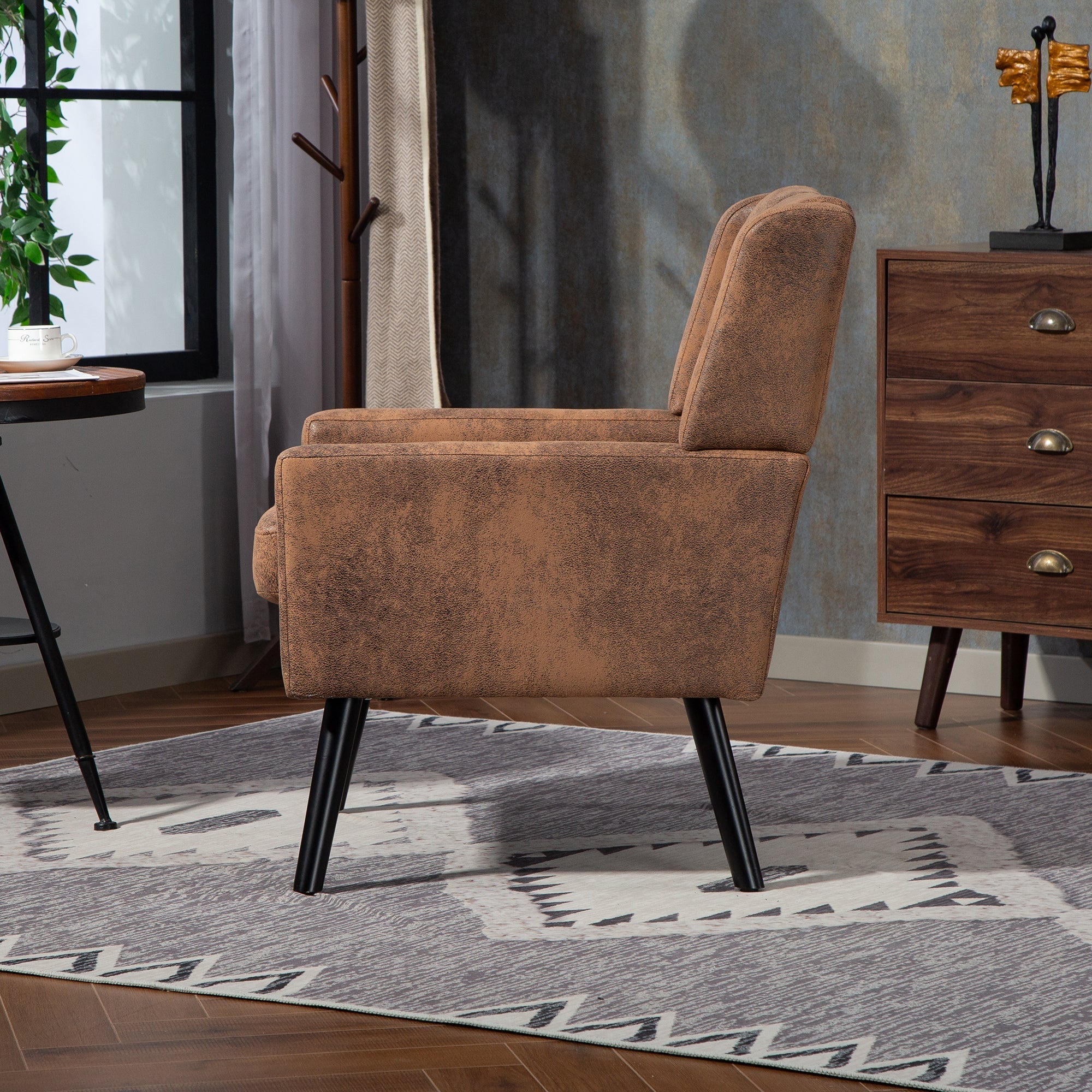 Armchair Mid-Century Modern Buttoned Suede Cushion Solid Wood Legs Suede