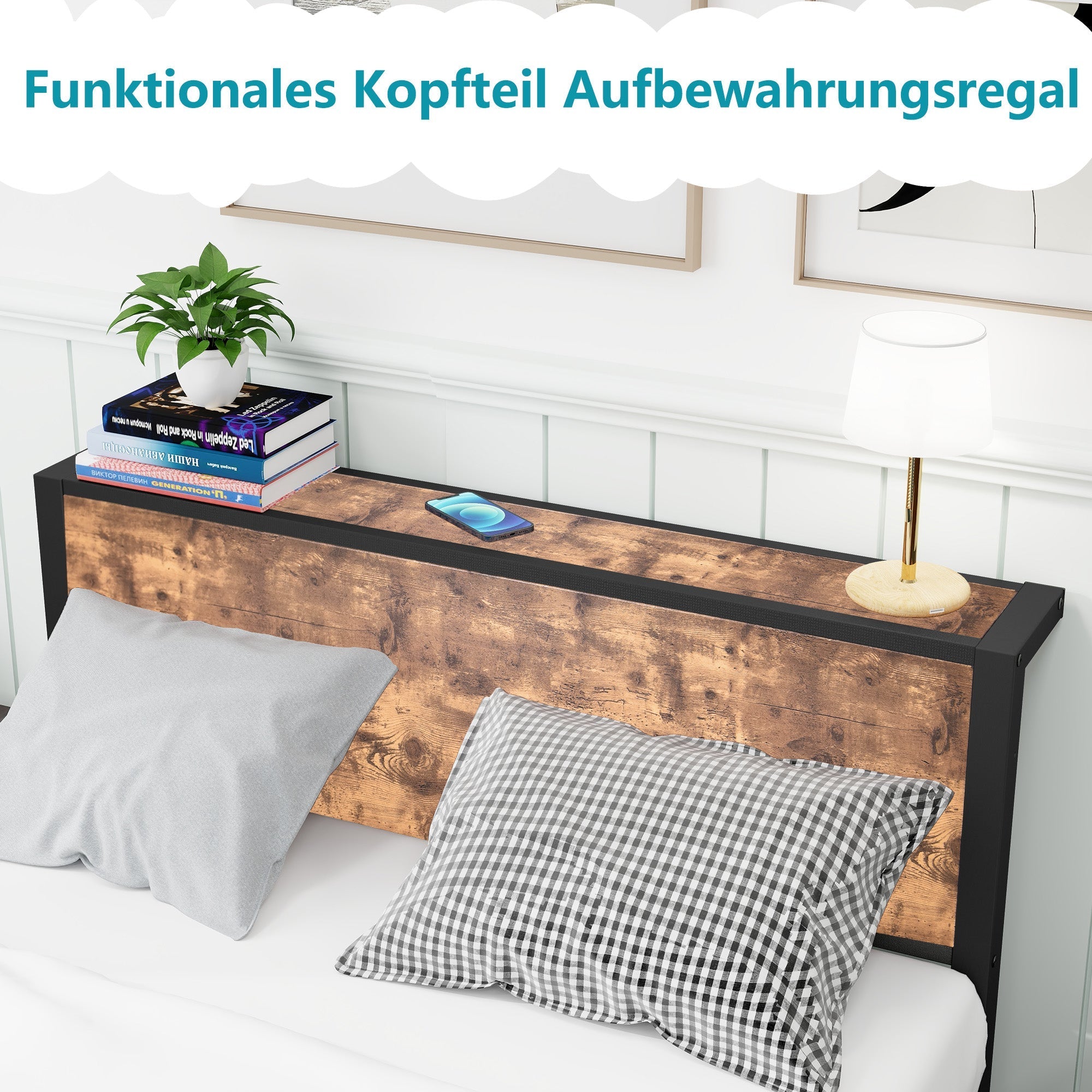 Metal Platform Bed Frame with Storage Headboard, Noise-Free, Vintage Brown