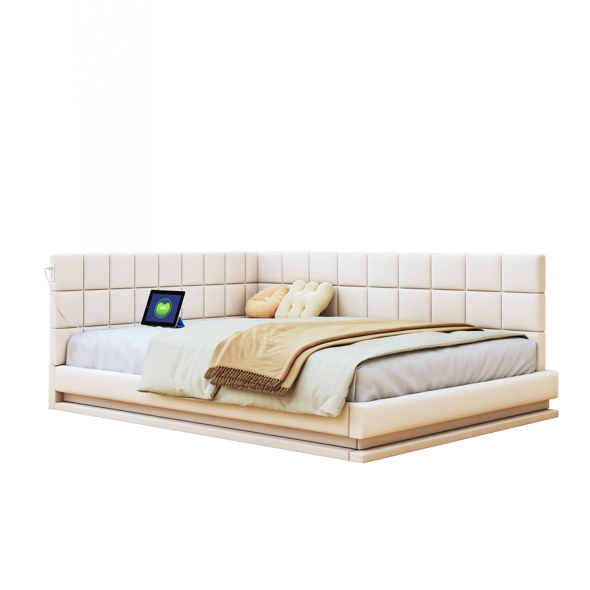 Upholstered Sofa Bed 160x200cm Multifunctional LED USB Slatted Frame - Velvet Beige