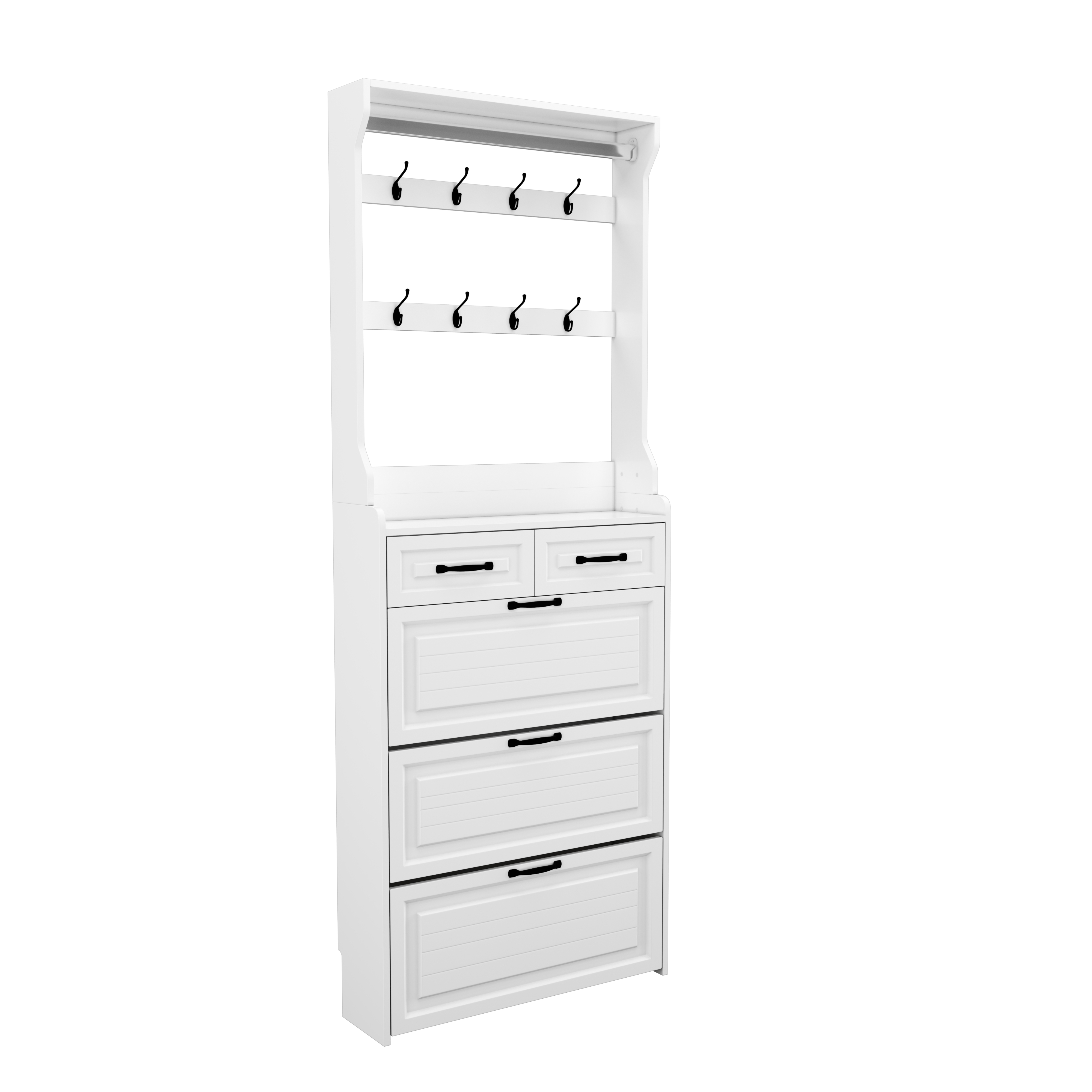Shoe Cabinet with Hanger, 3 Doors & 2 Drawers - White