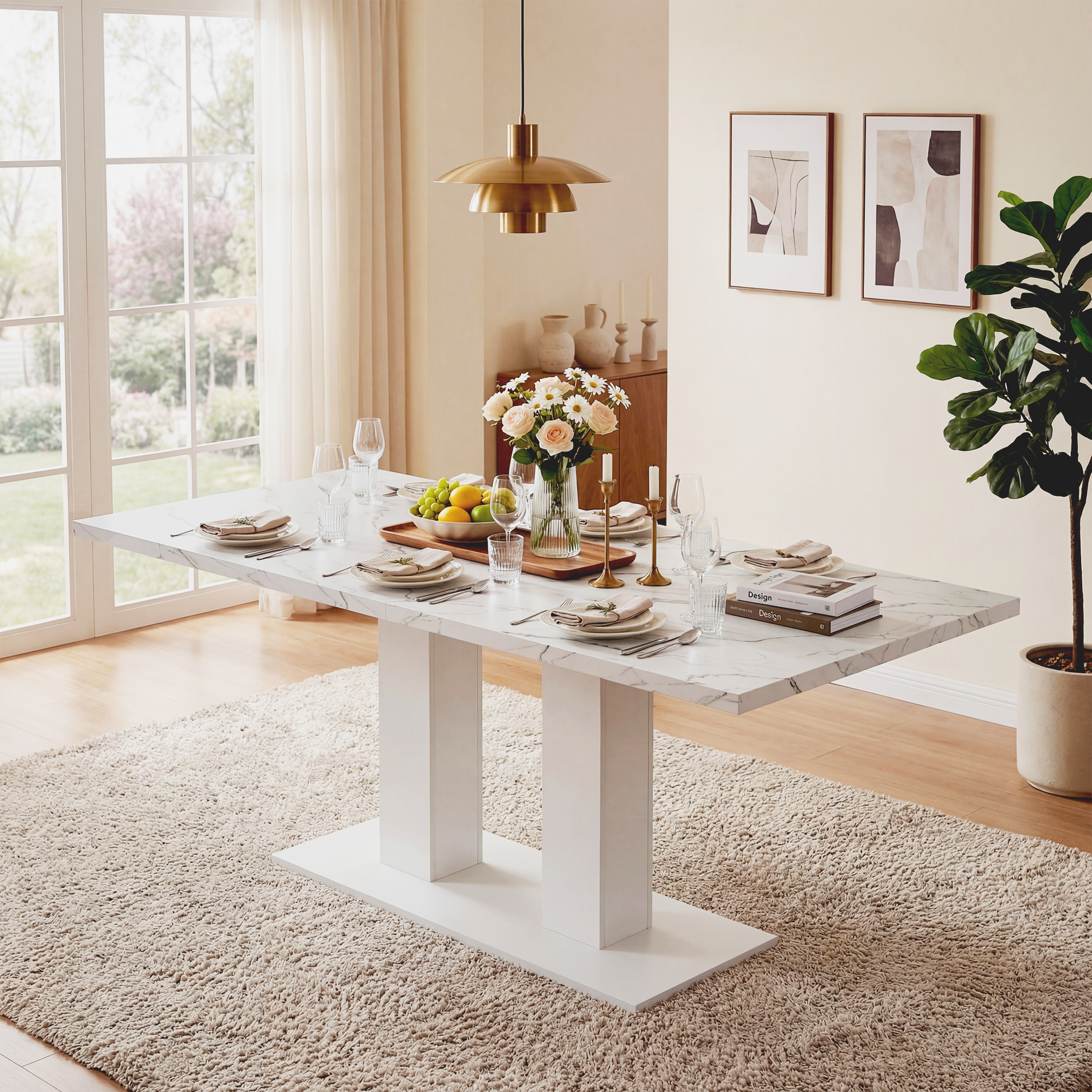 Extendable Dining Table, 140/180x70cm for 6-8 People, Rectangular Thickened Tabletop, White