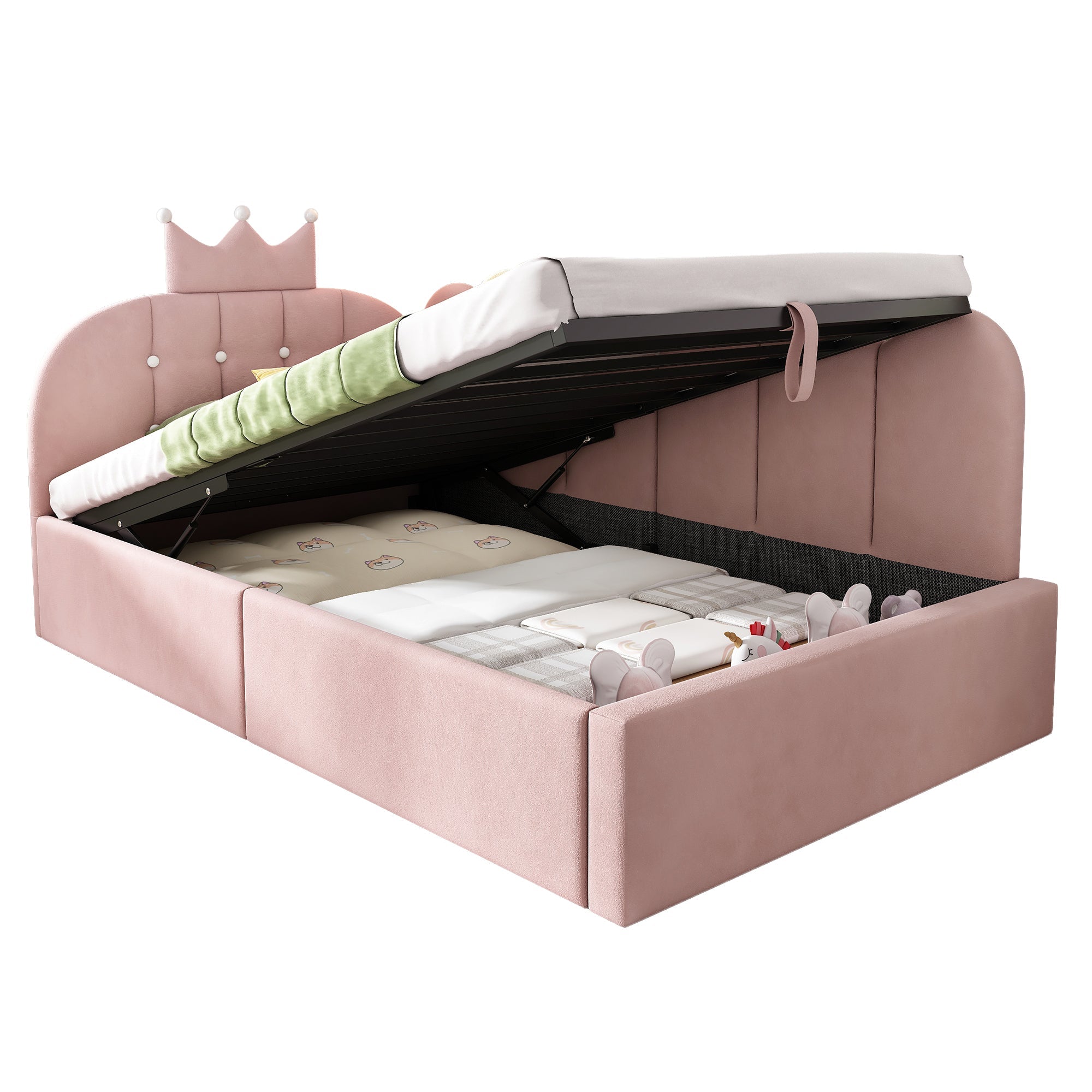 Upholstered Daybed with Hydraulic Storage and Crown-Lattice Design, 90x200cm, Pink Velvet
