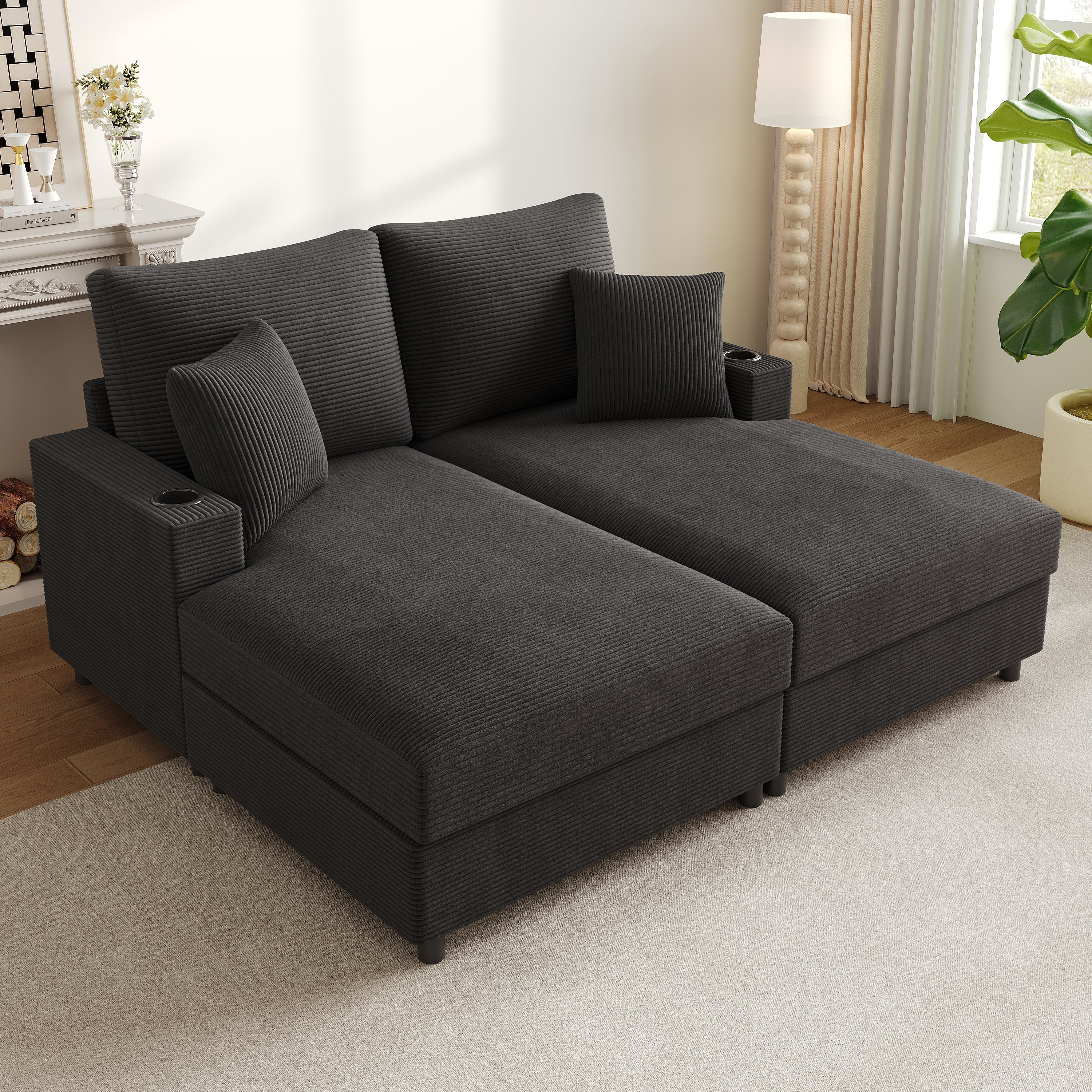 Double Sofa Bed with Mobile Holder, USB Port, and Cup Holder, Gray