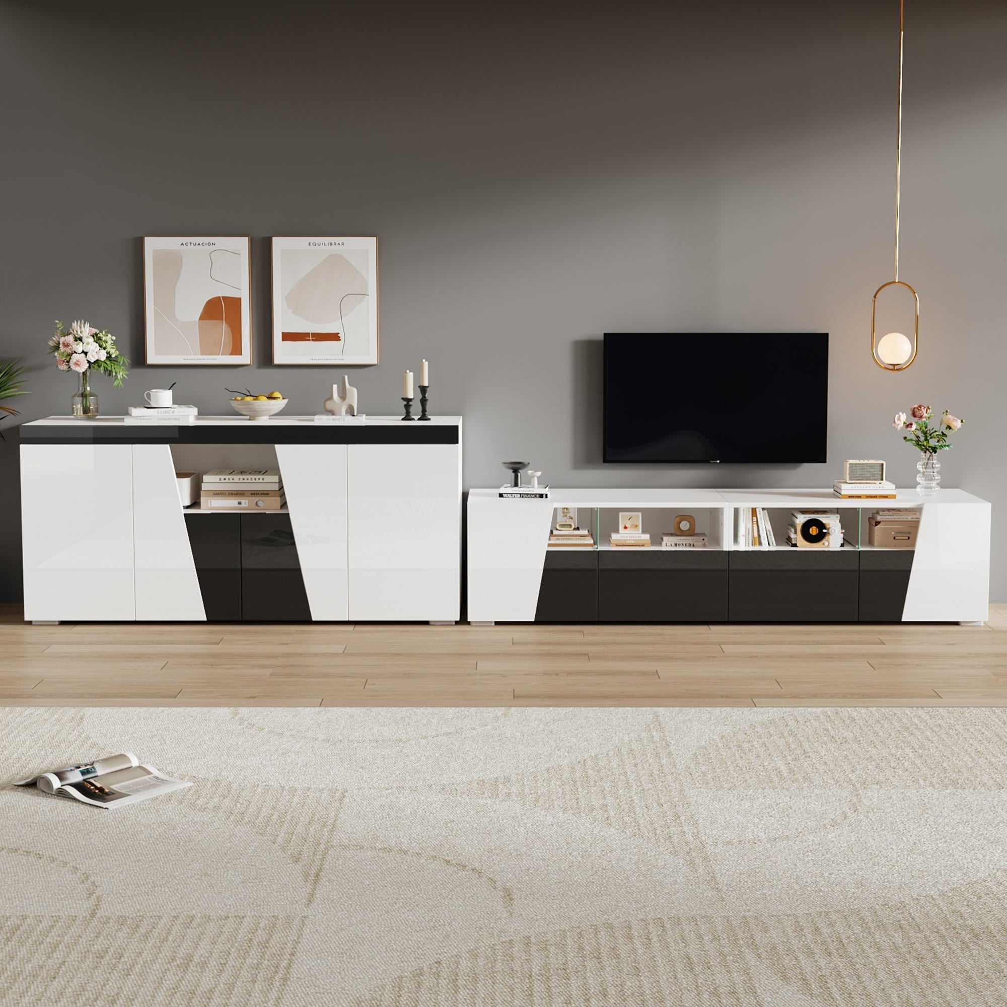 TV Cabinet and Sideboard Set High-Gloss LED Lowboard - Black and White