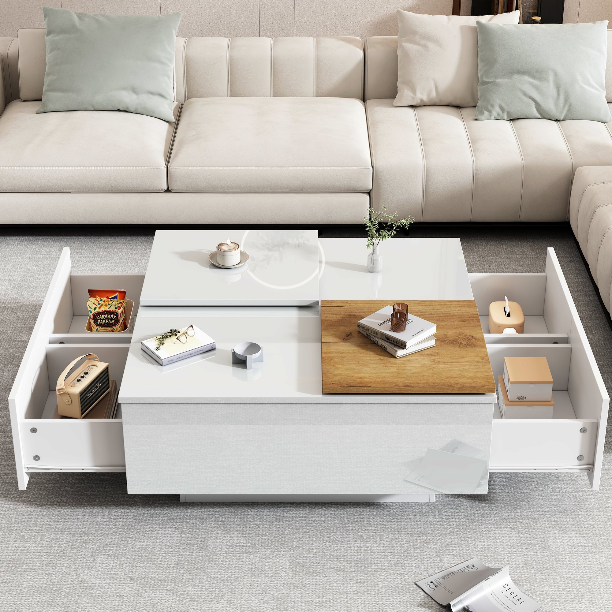 Coffee Table, Square with Storage & Sliding Tabletop, High-Gloss White Wood