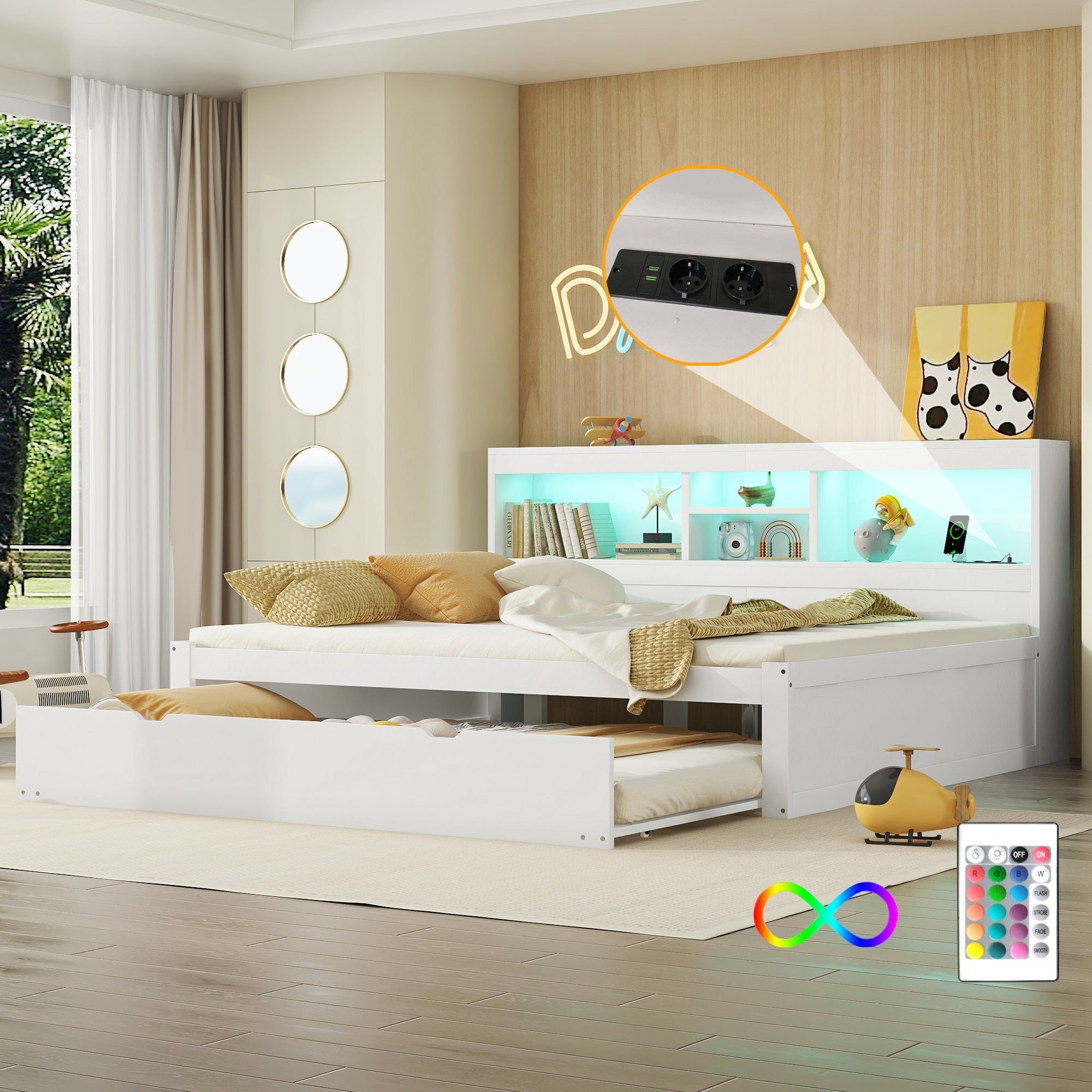 Daybed Sofa Bed 140x200cm Pull-out Bed LED Storage USB/Power Outlet - White